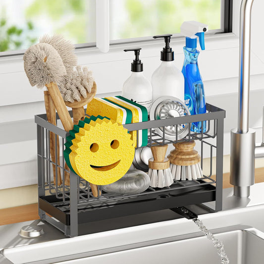 Sponge Holder for Kitchen Sink with Flexible Sink Caddy Smiley Face,2 Tier Kitchen Sponge Holder Countertop and Storage Essentials,Soap Dispenser Organize,Home Decor Accessories-Gray
