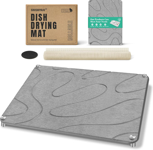 Stone Drying Mat For Kitchen Counter Superb Absorbent Diatomaceous Earth Mats with Non-Slip Feet Quick Dry Stone Dish Drying Pad Dish Pad Multi-Purpose(Flow Line-MediumGray, 15.7" x 11.8")
