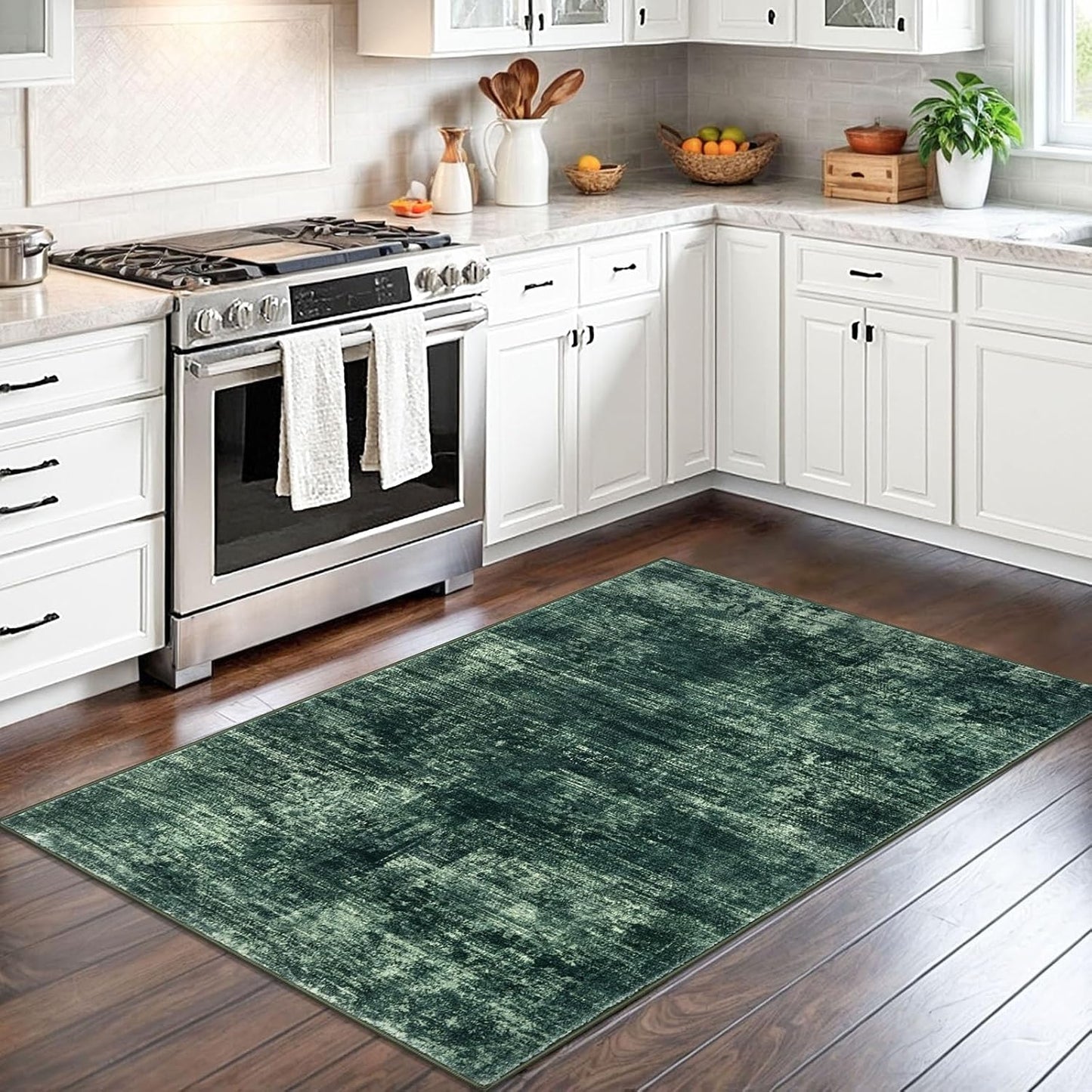 IOHOUZE Abstract Area Rug 3x5 Ft Washable Rugs for Entryway Indoor, Non Slip Kitchen Rug Printed Faux Wool Throw Rugs, Indoor Door Mat for Door Entrance Foyer Living Room, Dark Green
