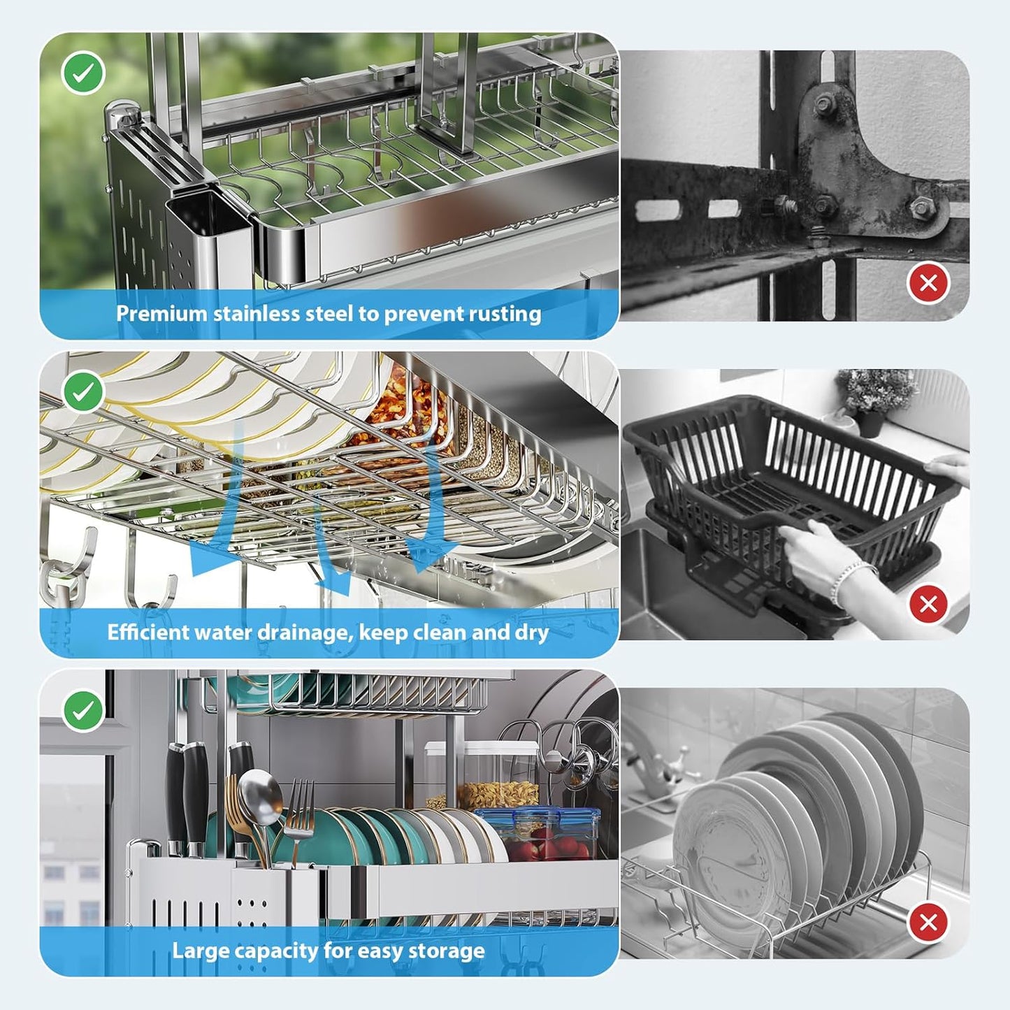 Over Sink Dish Drying Rack, Upgrade 2.5-Tier 304 Stainless Steel Dish Rack Adjustable Length with Pots and Pans Rack, Modern Over The Sink Dish Drainer Rack for Kitchen Storage Counter Organizer