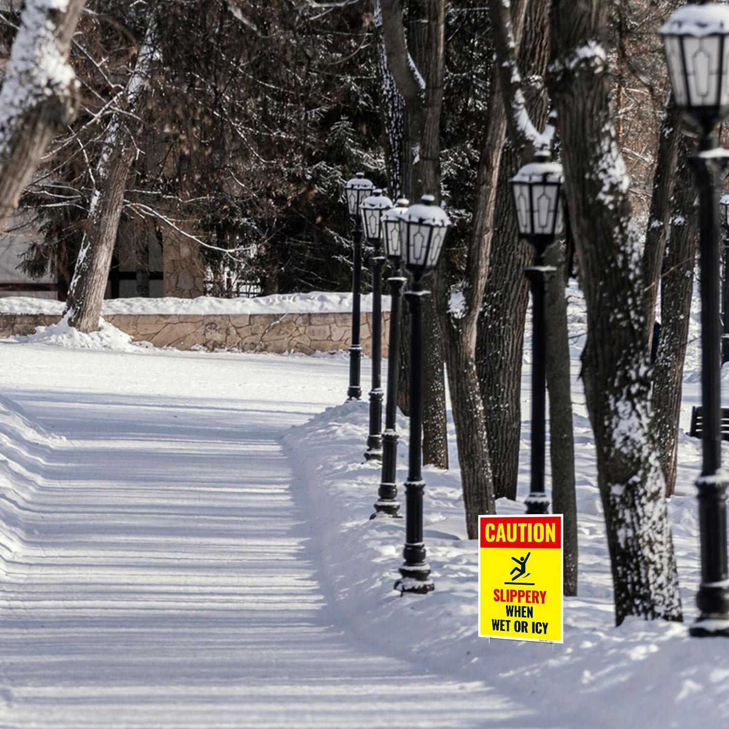 Caution Slippery When Wet or ICY Sign, (SI-84404) (4 Pack) Double Sided 9x12 Inches, Corrugated Plastic with Metal H Stake, Made in USA by Sigo Signs