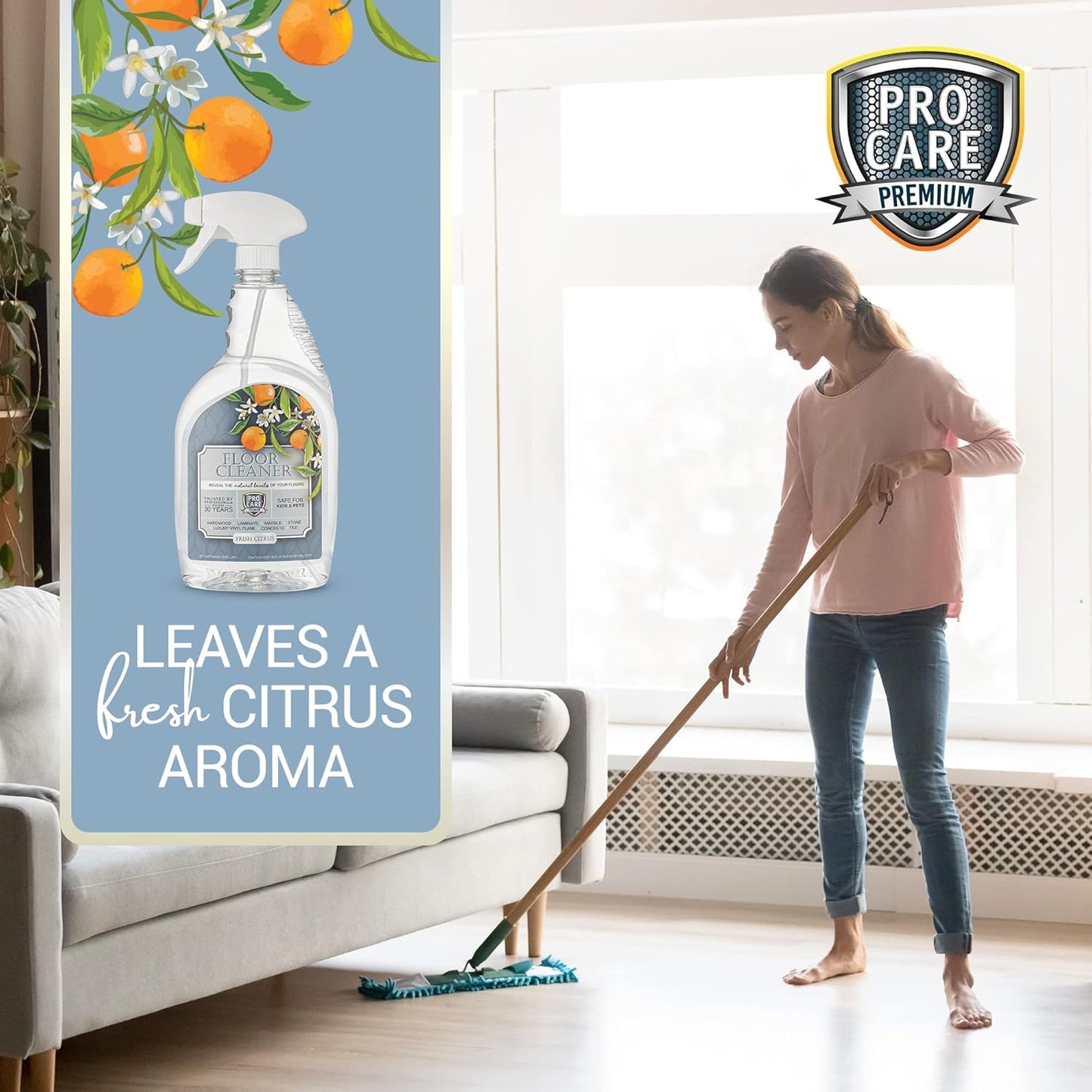 ProCare Citrus Floor Cleaner (Made in USA) | Tile, Stone, Laminate, Vinyl & Natural Wood Floor Cleaner for Mopping, Floor Cleaning Solution with Citrus Aroma - 32oz / 0.95L Spray Bottle
