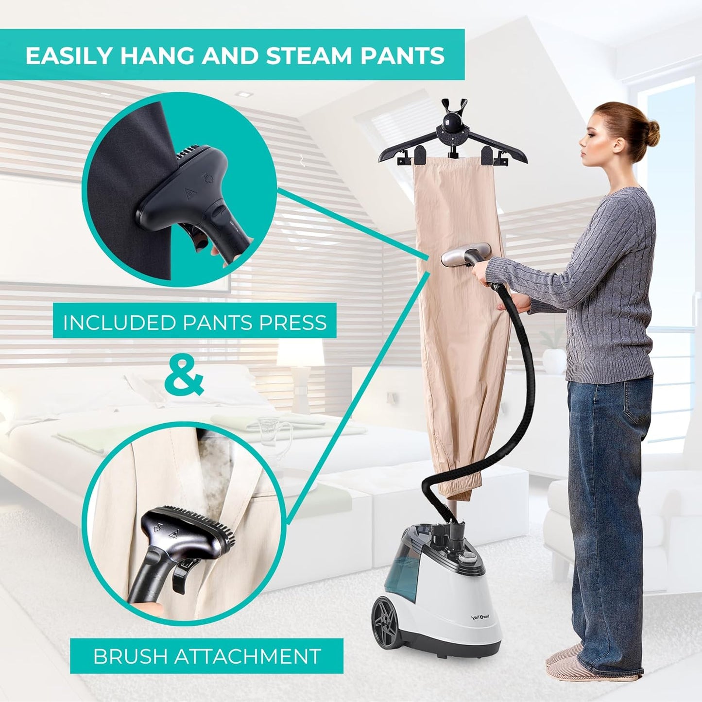 True & Tidy® Commercial Garment Steamer – Heavy Duty 1800W for Home & Commercial Use, 90+ Min Continuous Steam, Large 2.9L Tank, Wheels (X5A White Auto-Off, Smart Commercial Garment Steamer)