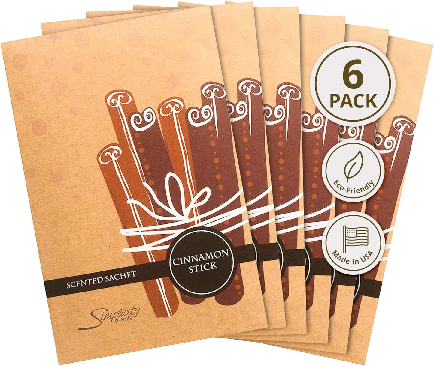 Simplicity Scents Cinnamon Stick Scented Sachets Pack of 6, Fall & Winter - Long-Lasting Scented Bags, Home Fragrance, Air Freshener & Deodorizer for Closet, Room, Drawer, or Cars, Made in The USA