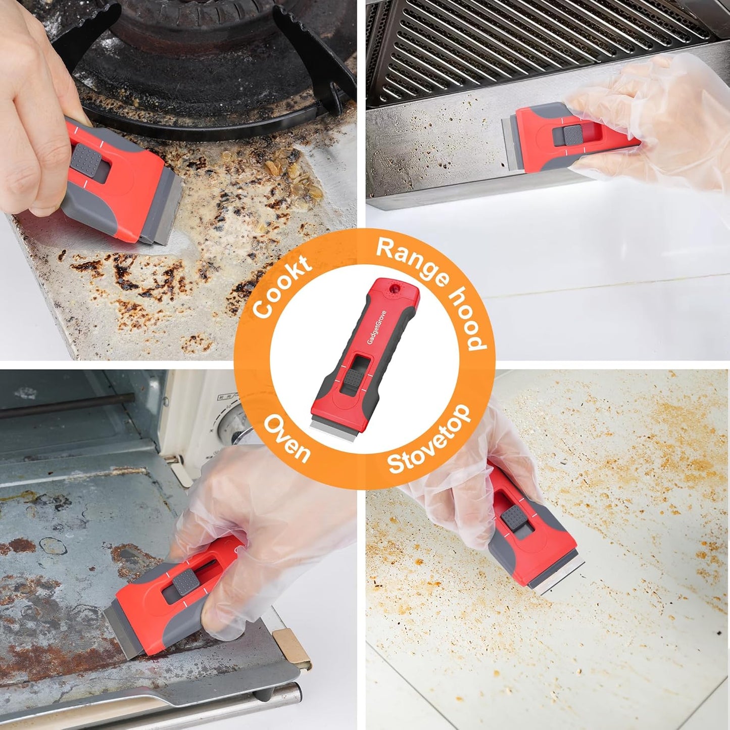 Razor Blade Scraper with 10pcs Blades and 3Pcs wire brushes,Scraper Tool for Cleaning Glass Window, Cooktop, Oven, Stove Scraper, Scraper with Buit-In Blade Storage, Upgraded Lock Mechanism,Gray