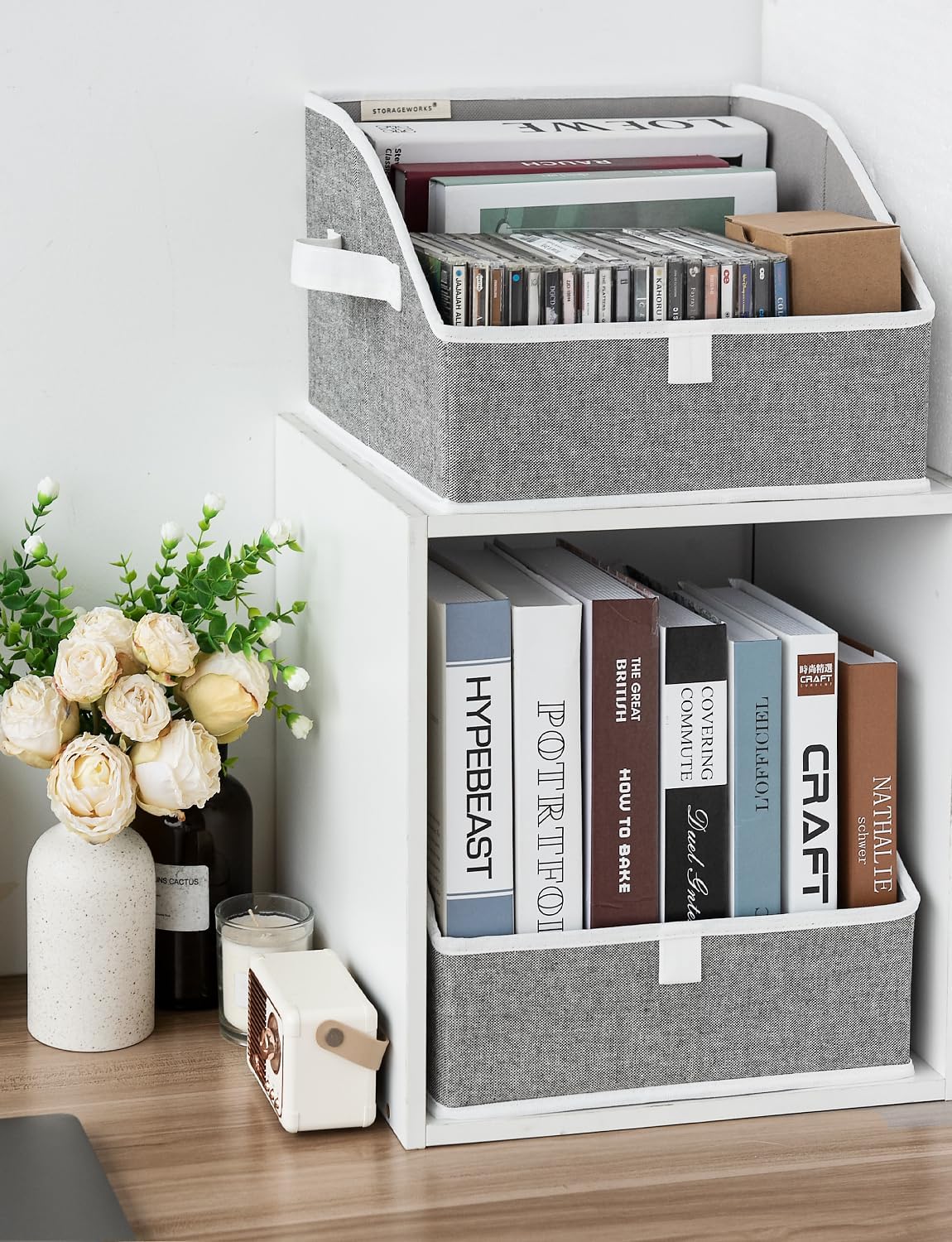 StorageWorks Closet Storage Bins, Trapezoid Organizer Box for Shelves, Fabric Clothes Bin, Foldable Organizing Baskets with Handles, Small, 3-Pack, Gray