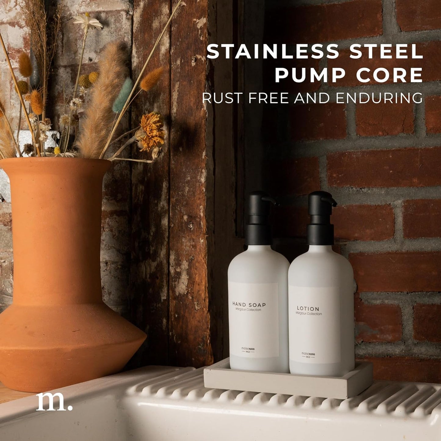 MaisoNovo Soap Dispenser 3-Piece Set | 16.9oz White Bottles with Black Stainless Steel Pumps