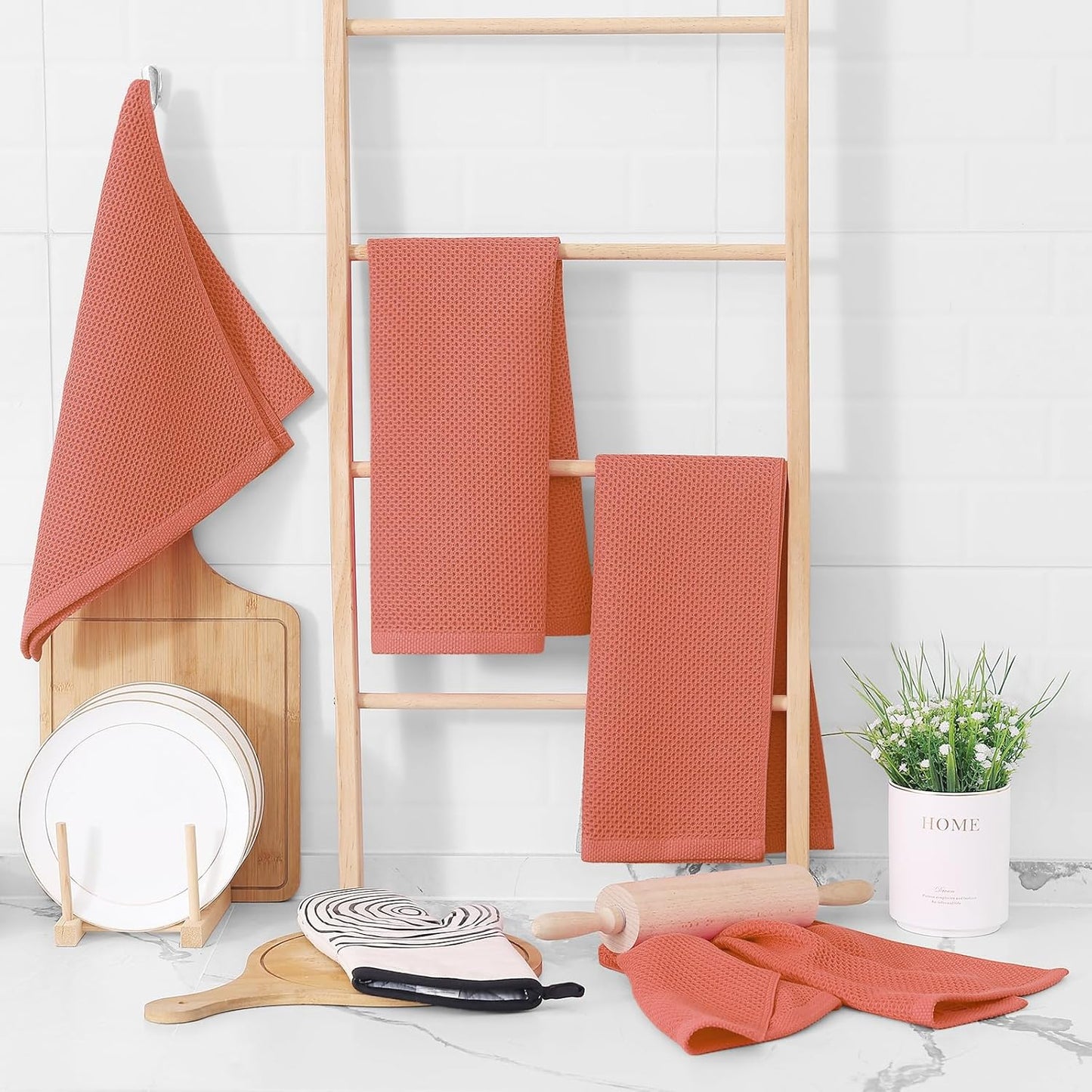 Homaxy 100% Cotton Waffle Weave Kitchen Dish Towels, Ultra Soft Absorbent Quick Drying Cleaning Towel, 13 x 28 Inches, 8-Pack, Coral