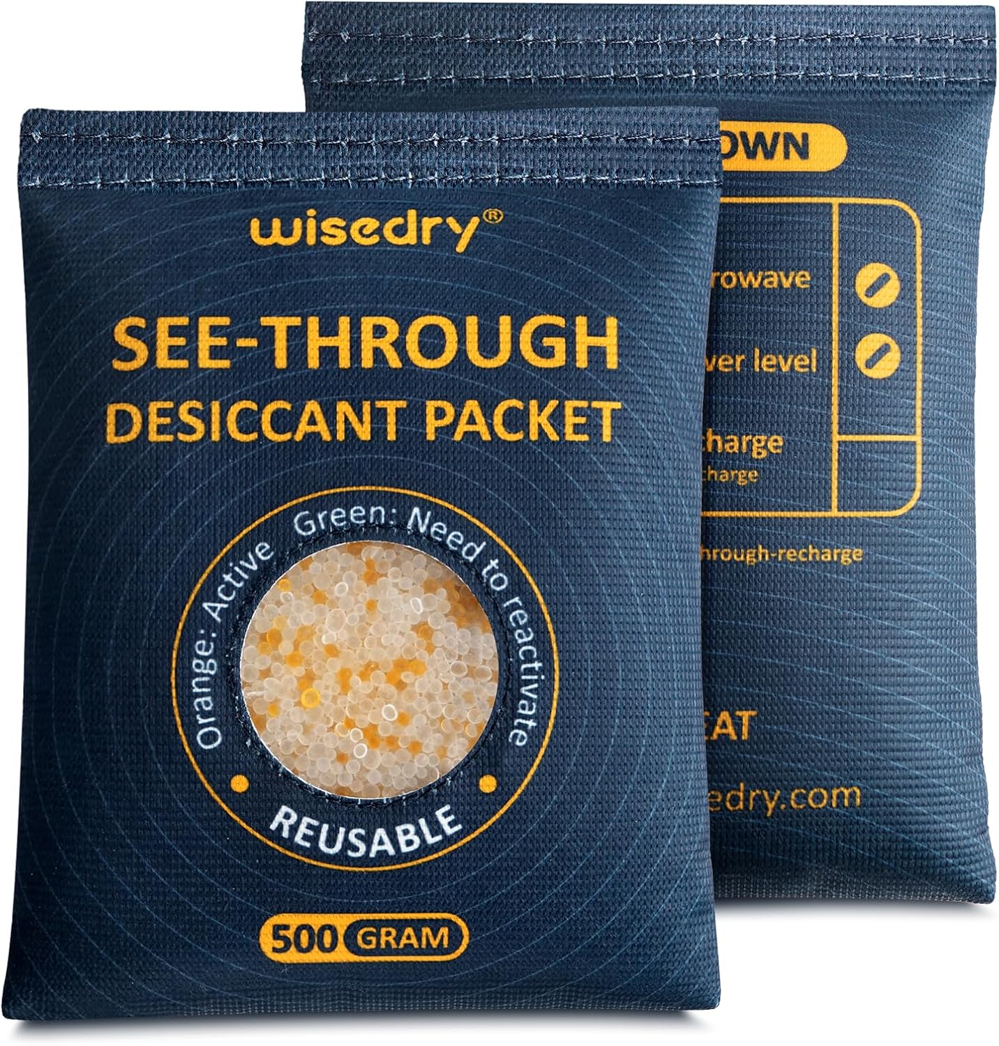 wisedry 500GX2 See-Through Silica Gel Packets, Color-Indicating Desiccant Packs for Storage, Reusable Safe Dehumidifier, Heat Resistant Dehumidifier Bags