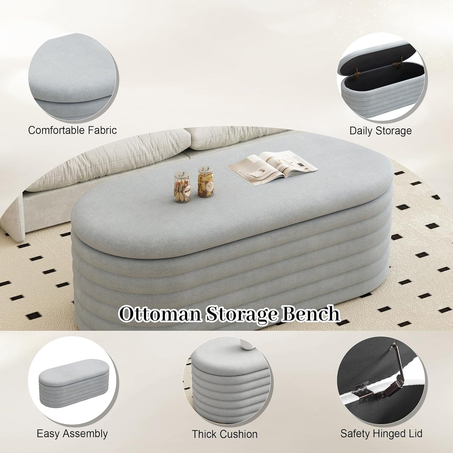 Storage Ottoman Bench, 40" Storage Bench, Upholstered Fabric Storages Benches End of Bed Stool with Safety Hinge, Shoe Storages Benches for Bedroom, Living Room, Entryway, Closet,Light Grey