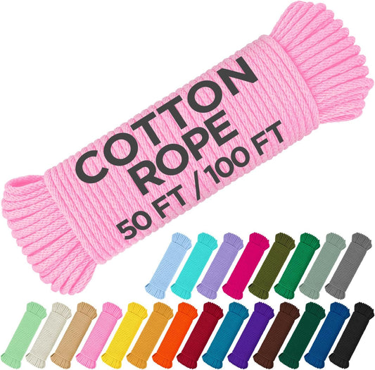 TECEUM Cotton Rope 3/16” (5 mm) – 50 FT – Strong All-Purpose Braided Rope – Natural Cotton – for Crafting, Сamping, Clothes Line, DIY, Indoor & Outdoor Use – Pink
