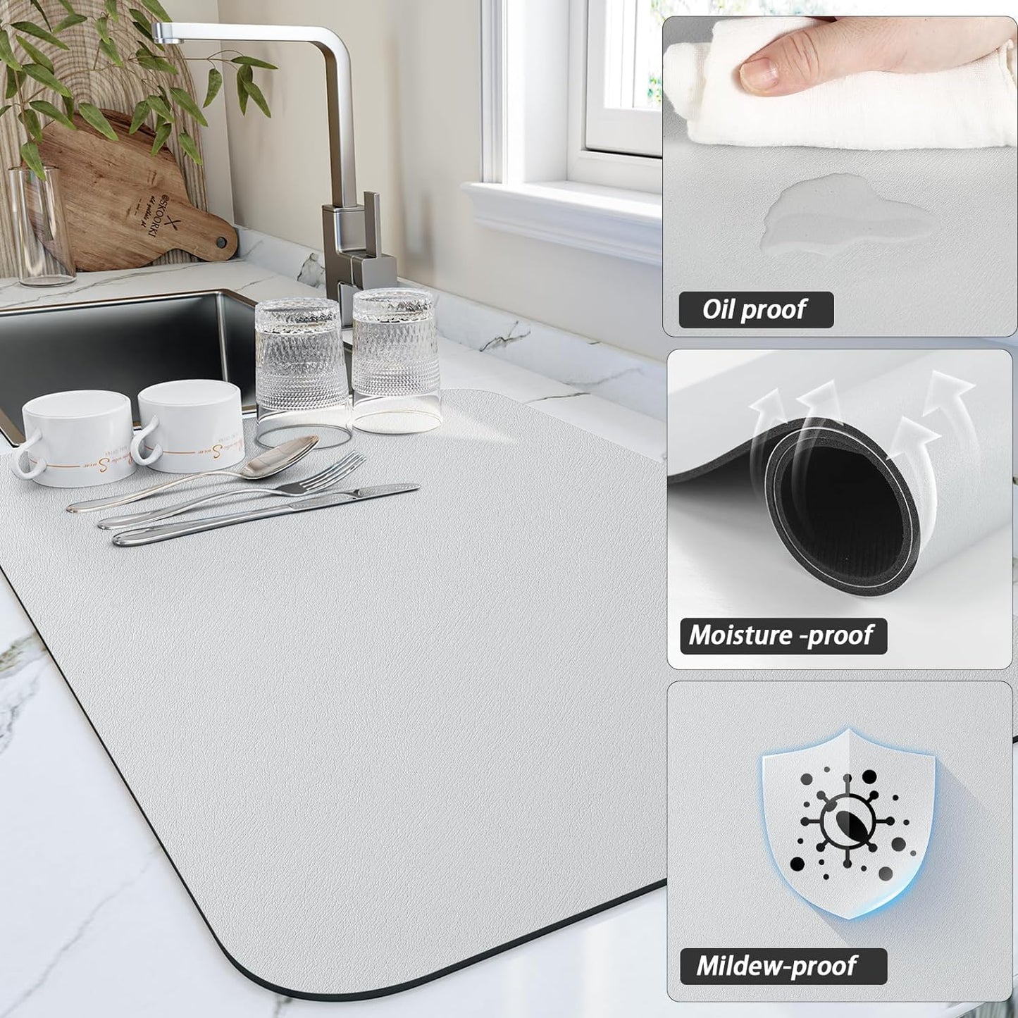 Dish Drying Mat for Kitchen Counter, Heat Resistant Drainer Mats with Non-slip Rubber Backed, Hide Stain Kitchen Super Absorbent Draining Mat, Easy to Clean Dish Rack Pad, Light Grey 16"x20"