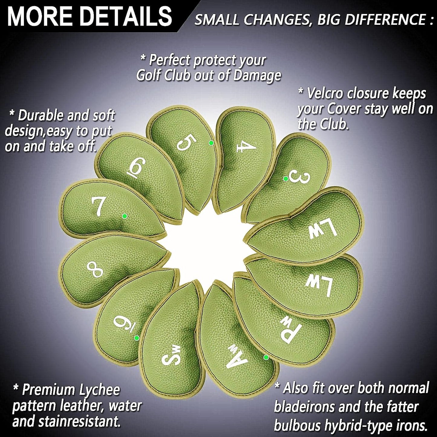 FINGER TEN Premium Synthetic Leather Stylish Iron & Wedge Golf Head Covers Value 12 Piece Set, Embroidered Labels & Fits Most Clubs Gift Set, Travel Protection Accessories