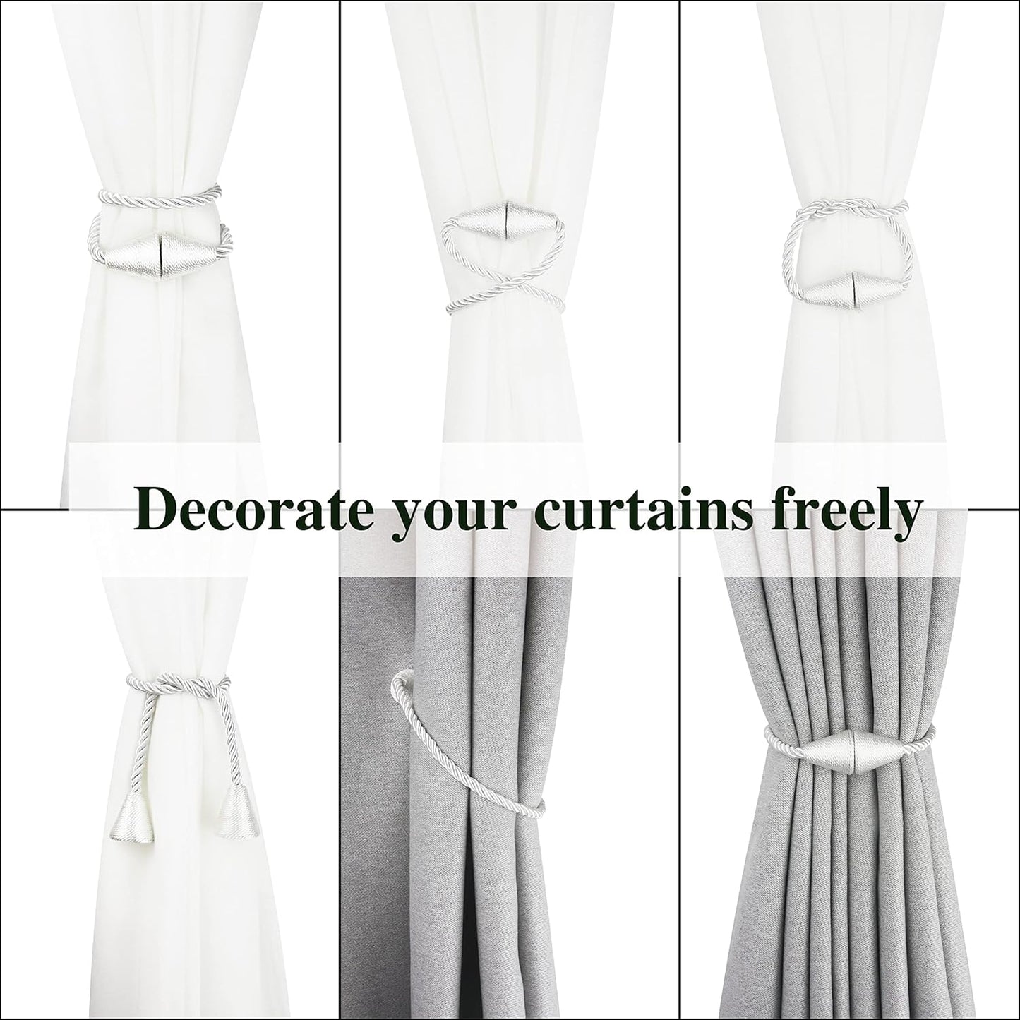 2 Pack Magnetic Curtain Tiebacks Rope Modern Handmade Curtain Tie Backs Decorative Drapes Weave Holdbacks for Window Décor, Silver