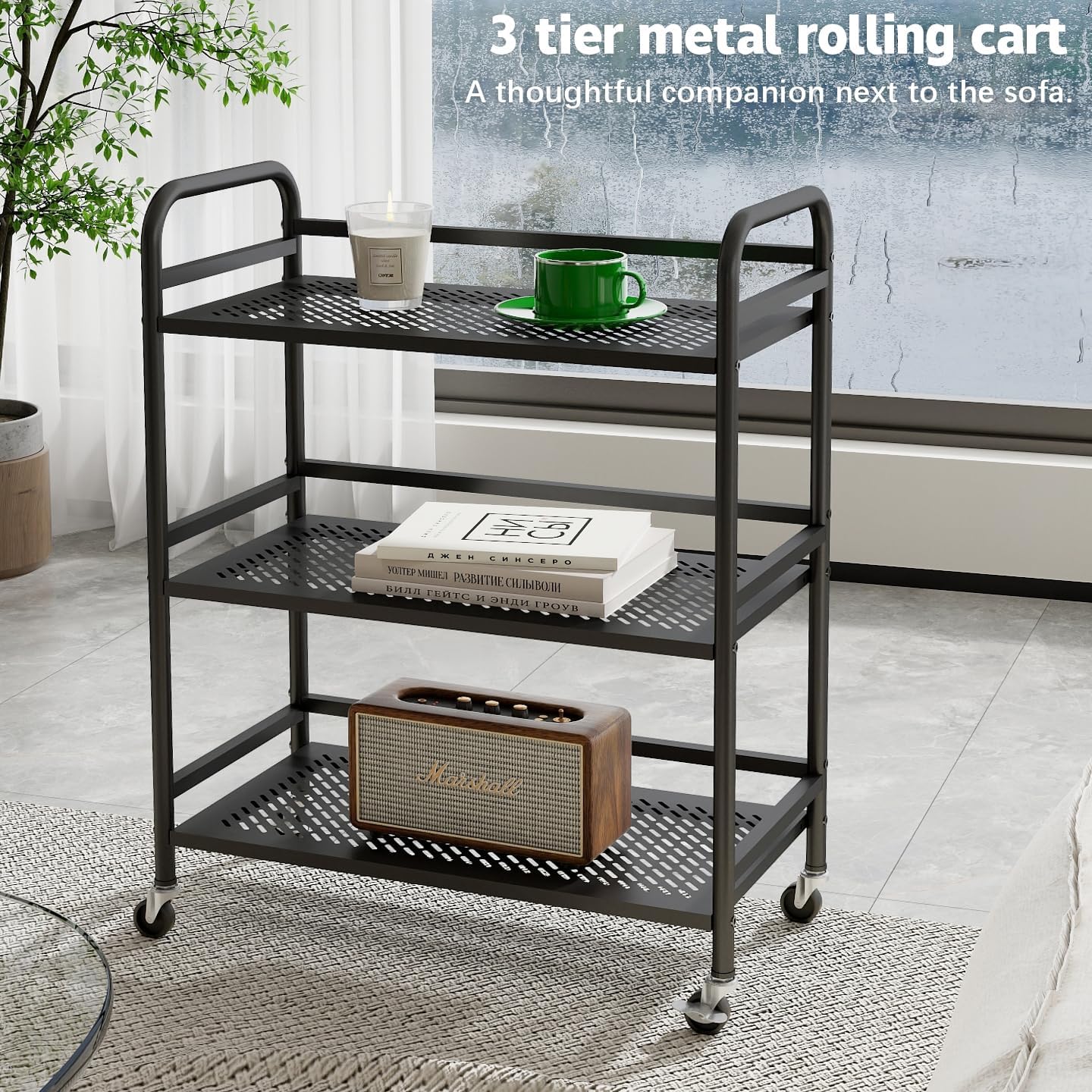 HDANI 3 Tier Metal Rolling Heavy Cart Supports 40 Lbs Per Tier,Rolling Cart with 2 Lockable Wheels for Office,Home,Bedroom,Kitchen,Bathroom(Black)…