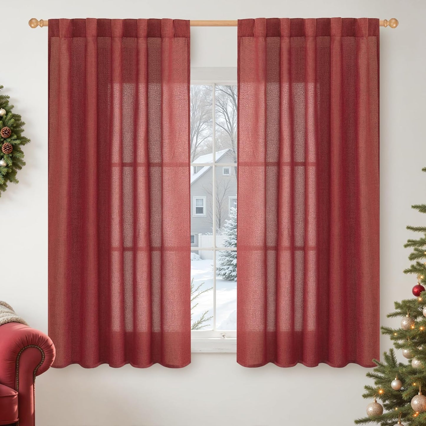 YoungsTex Red Linen Curtains 45 Inch Length for Kitchen, Short Window Drapes with Rod Pocket Back Tab Light Filtering Christmas Decor for Bathroom Cafe, 2 Panels, 42 X 36 Inch