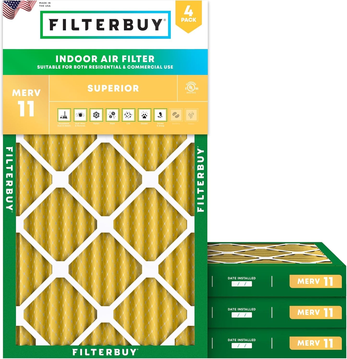 Filterbuy 12x24x2 Air Filter MERV 11 (MPR 1200) Allergen Defense Replacement (4-Pack), Electrostatic Pleated HVAC AC Furnace Filters, Made in USA (Actual Size: 11.38 x 23.38 x 1.75)