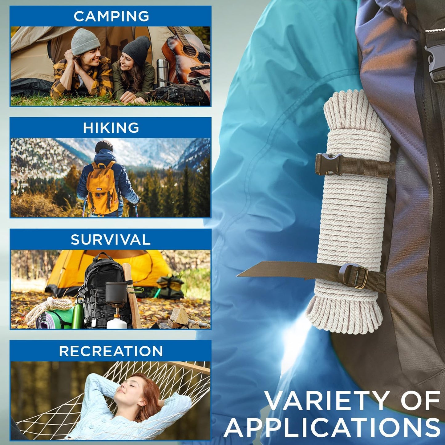 TECEUM Cotton Rope 3/16” (5 mm) – 200 FT – Strong All-Purpose Braided Rope – Natural Cotton – for Crafting, Сamping, Clothes Line, DIY, Indoor & Outdoor Use – Natural