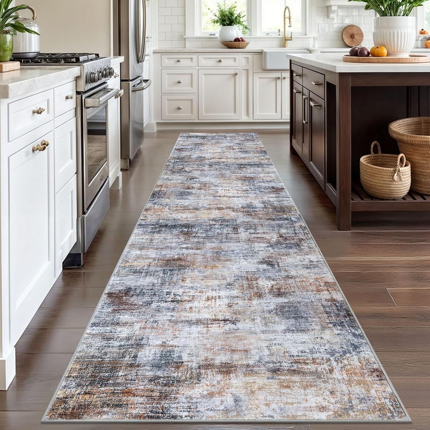 IOHOUZE Abstract Runner Rug 3x12 Ft Washable Runners for Hallways, Non Slip Kitchen Runner Printed Faux Wool Entryway Runner Indoor, Modern Abstract Floor Carpet for Hall Kitchen, Orange Grey