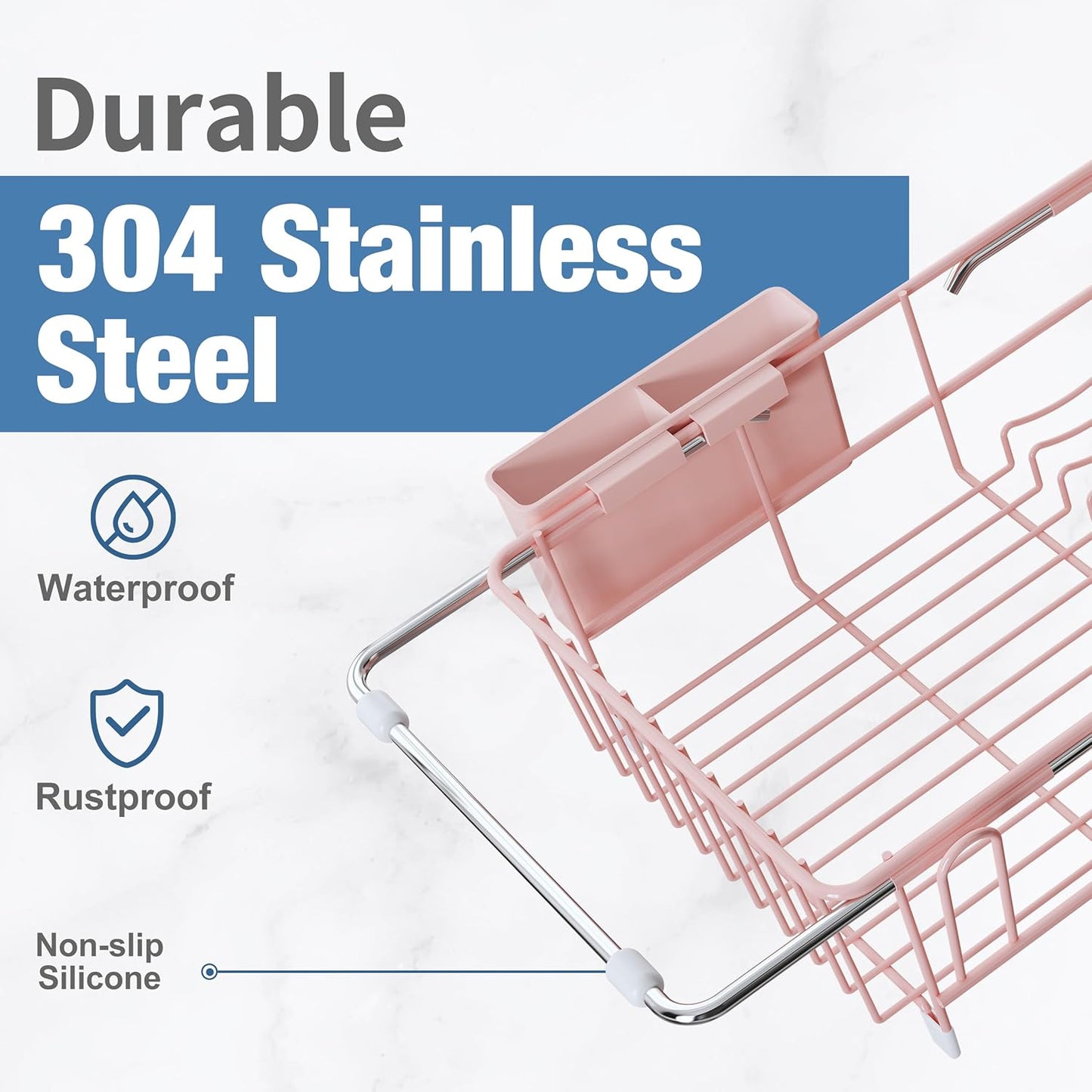 Over the Sink Expandable Dish Drainer Drying Rack In Stainless Steel for Small Kitchen, Counter Space Saving Compact Metal Above Plate Dryer Strainer, Pink Adjustable Hanging Inside Drain Holder