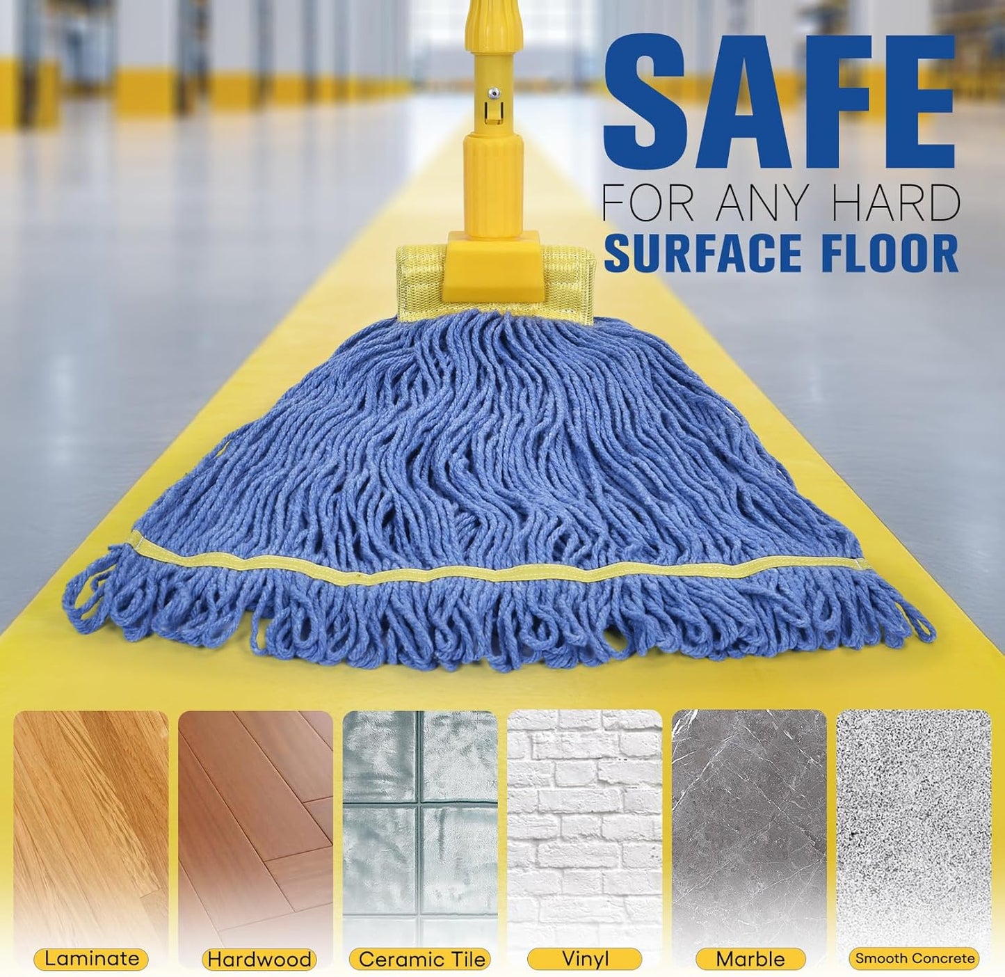 Matthew Cleaning Commercial Mop Head Replacement, 5 Inch Wide Headband, Looped End Cotton Blend String Wet Mops for Floor Cleaning, 24 oz Large, 6-Pack Blue