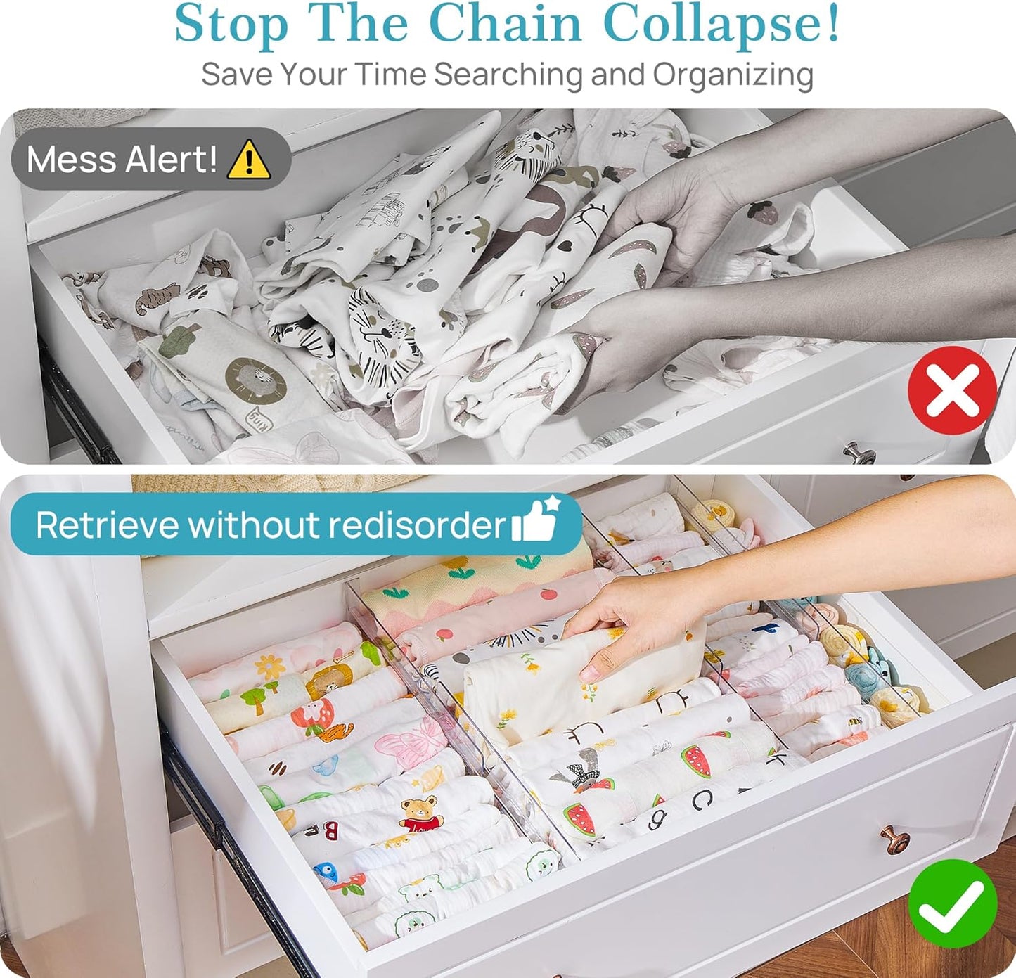 Vtopmart 18 Pack Drawer Dividers for Clothes, 4" High 10.2"-16.6" Adjustable Expandable Dresser Drawer Organizer, Clear Plastic Separators for Dresser, Baby Clothing, Underwear, Cosmetic, Toiletries