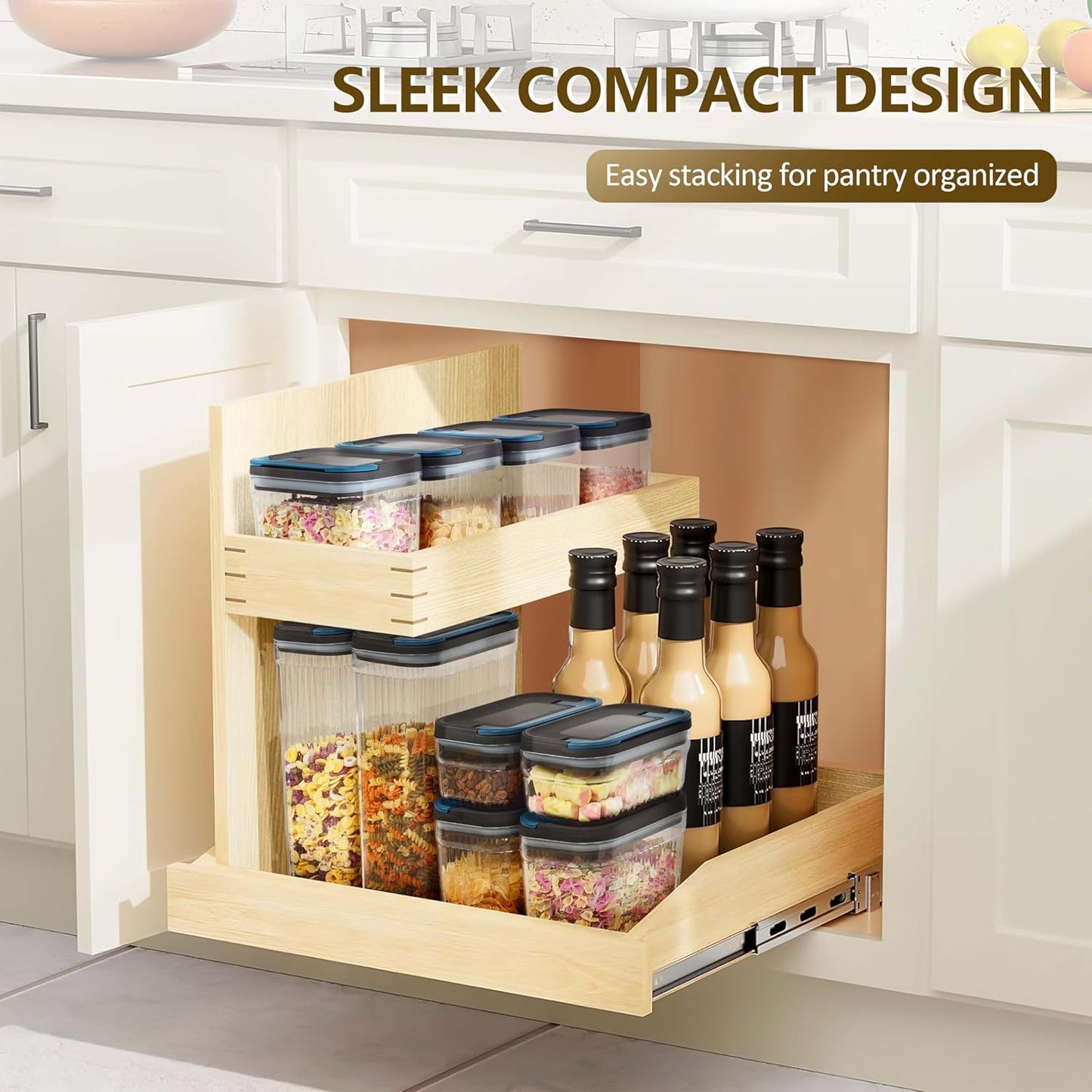 Flip-Lock Airtight Food Storage Containers 6-PC (0.6 Qt*2+1.6 Qt*3+3.4 Qt),Leakproof Ring Seal Top,Anti-Slip Pantry Canister for Flour Sugar,Coffee,Dog Food Treat,Rectangle Black