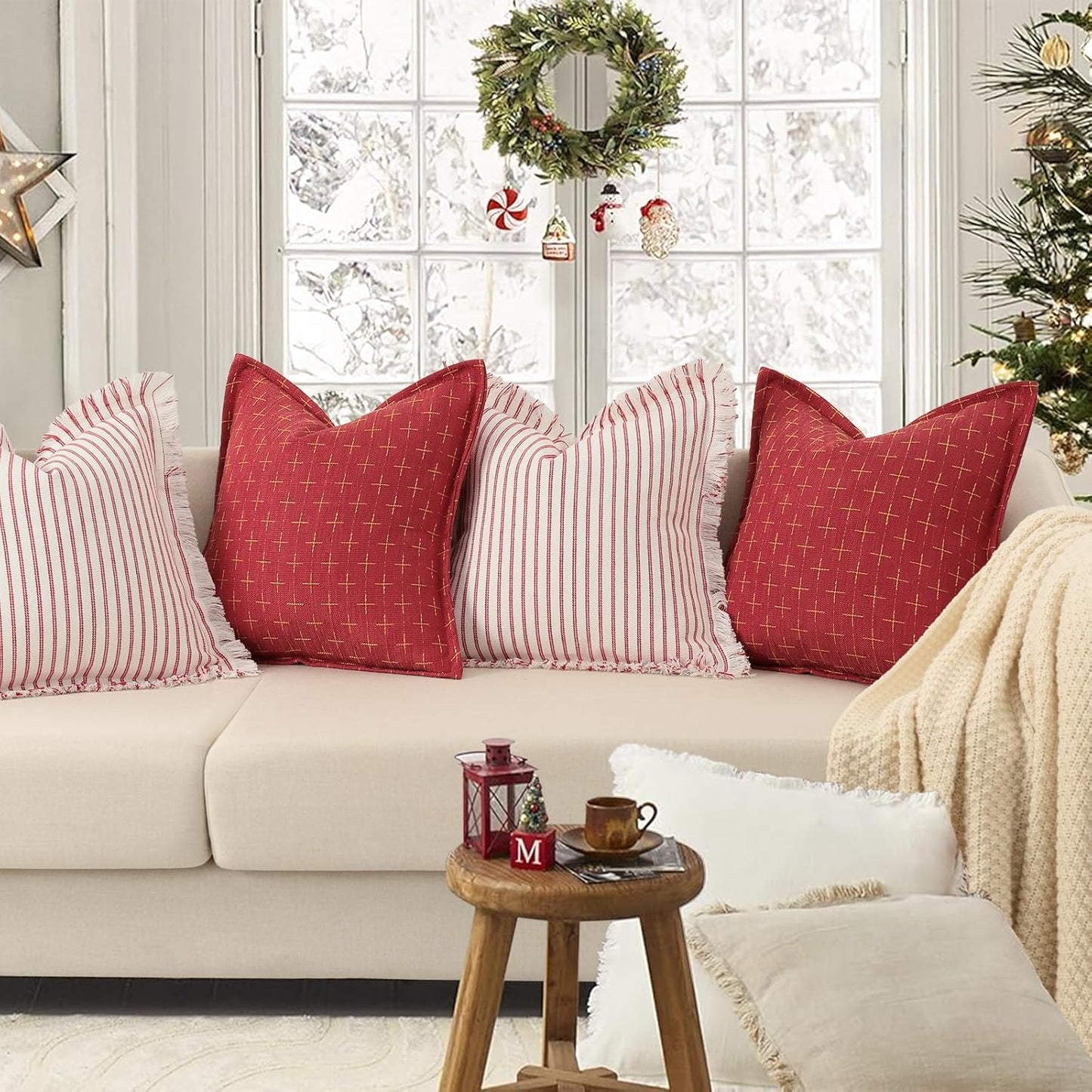 ZWJD Christmas Pillow Covers 18x18 Set of 2 Soft Polyester Textured Pillows with Stylish Flange Edge Cozy Farmhouse Christmas Decor for Couch Bed Sofa Living Room (Red)