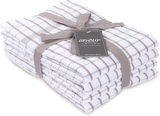 AMOUR INFINI Kitchen Towels Set of 4 - Highly Absorbent, Super Soft Terry Cotton 20x28 Inch Dish Towels with Hanging Loop - Hand & Tea Towels for Cleaning & Drying Dishes (Beige)