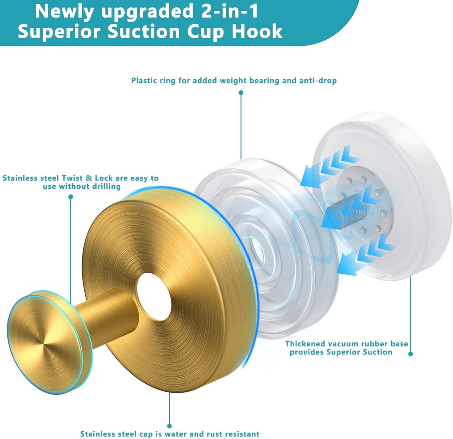 Suction Cup Hooks for Shower,Wreath Hanger for Front Door,Removable No Drill Waterproof Towel Loofah Hook,Upgraded 15 lbs Strong Suction Metal Hooks for Bathroom,Wall,Garland Glass Door-Gold 4 Pcs