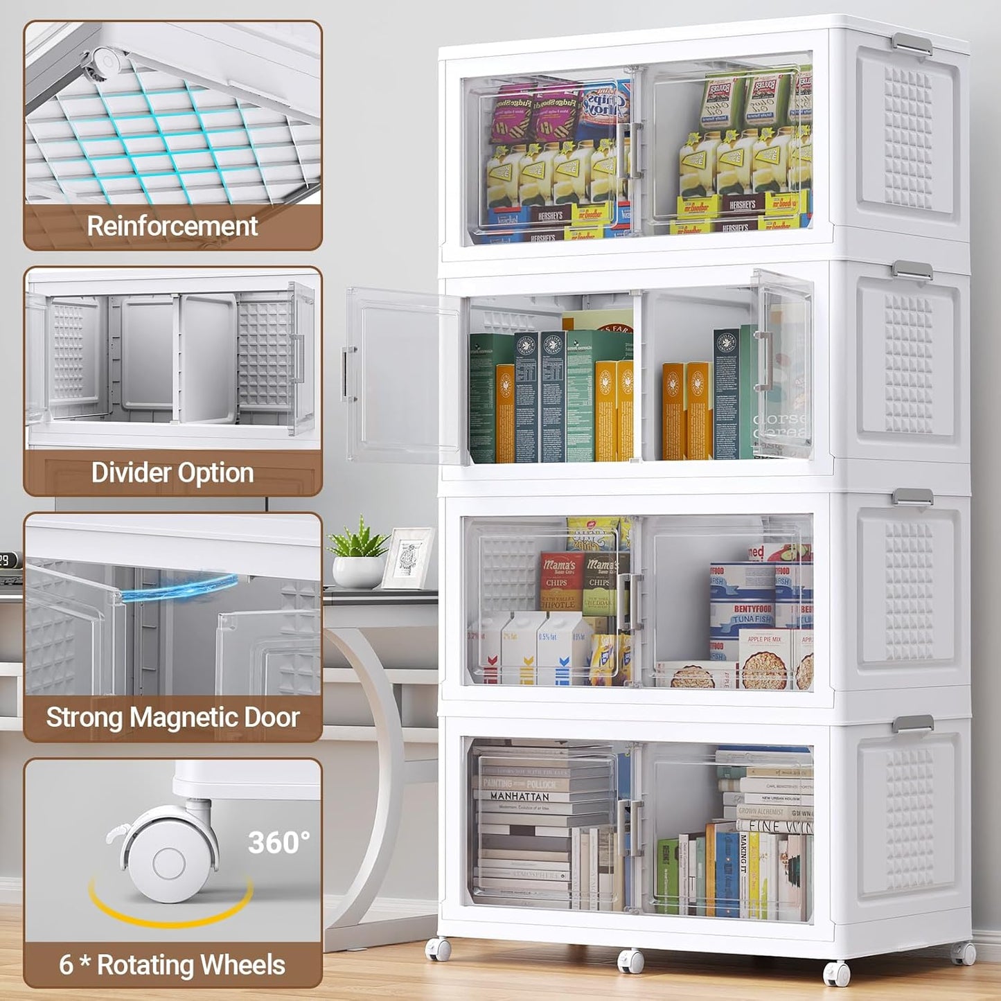 BROVIEW 69.3"H 200Gal Plastic Storage Bins with Lid & Wheels,4Pack Extra Large Stackable Storage Bins with Dividers,Closet Organizers and Storage Cabinet Collapsible Box Shelves for Home Kitchen,White