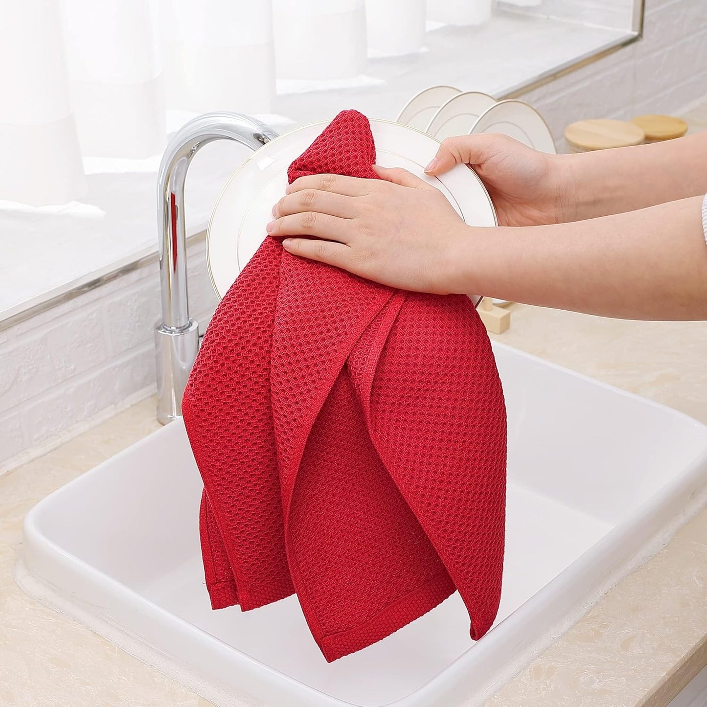 Homaxy 100% Cotton Waffle Weave Kitchen Dish Towels, Ultra Soft Absorbent Quick Drying Cleaning Towel, 13 x 28 Inches, 12-Pack, Red