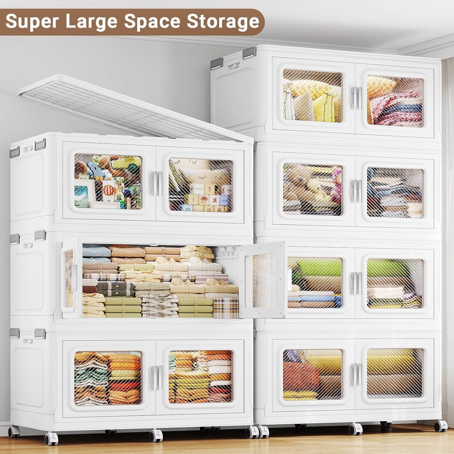 BROVIEW 880 Qt Stackable Storage Bin with Lids, 220Gal Extra Large Collapsible Storage Boxes, Folding Plastic Drawer, Heavy-Duty Store Cabinet, Closet Organizer for Home Kitchen, 4 Pack White