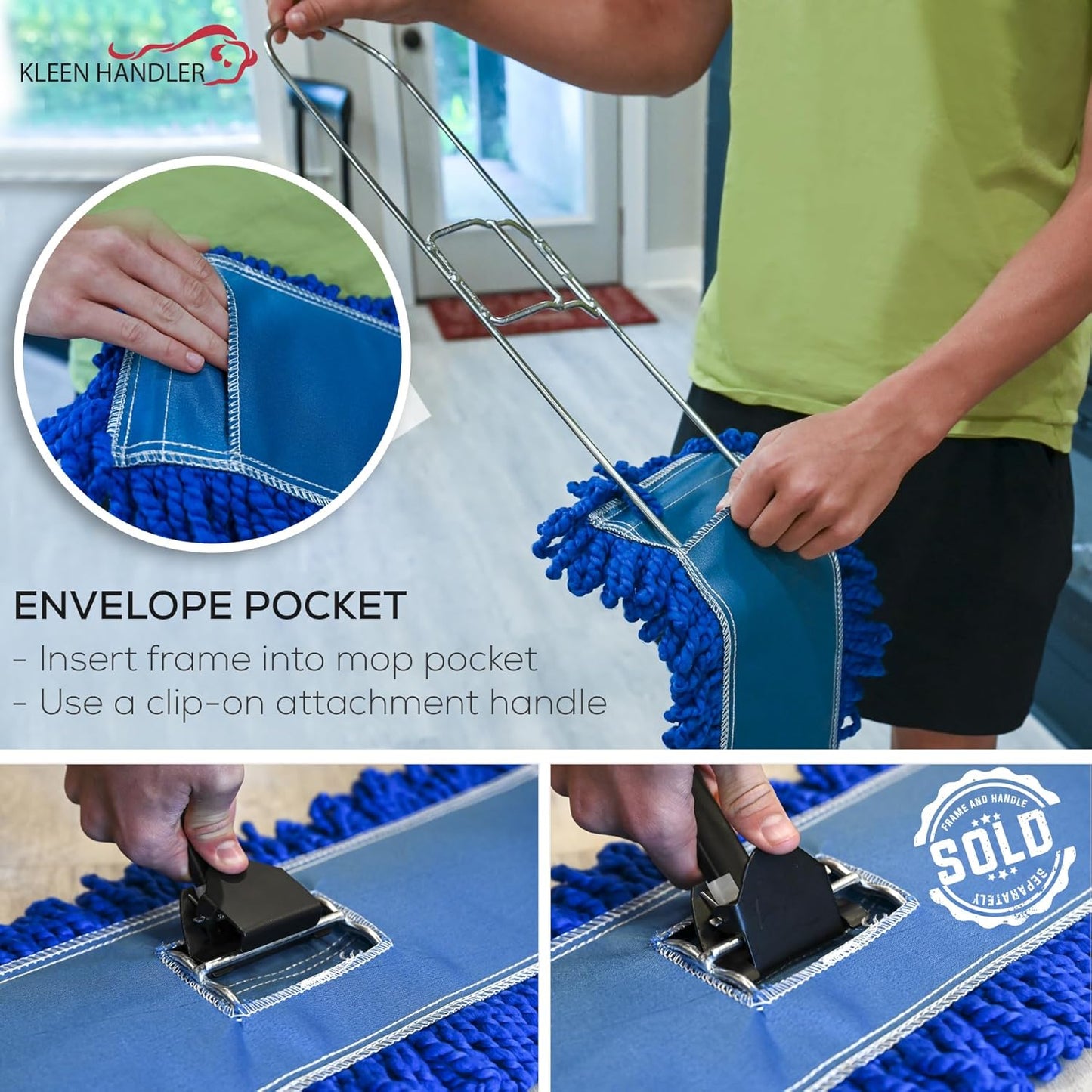 KLEEN HANDLER 48 Inch Microfiber Dust Mop, X-Large Washable Commercial, Sweeper, Janitorial Head Replacement, Push Mop Broom, Blue