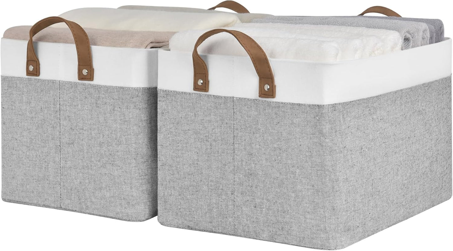 StorageWorks Storage Bins, Fabric Storage Bins for Shelves, Large Storage Baskets with Metal Frame, Closet Baskets and Bins with Handles, Gray and White, 2-Pack