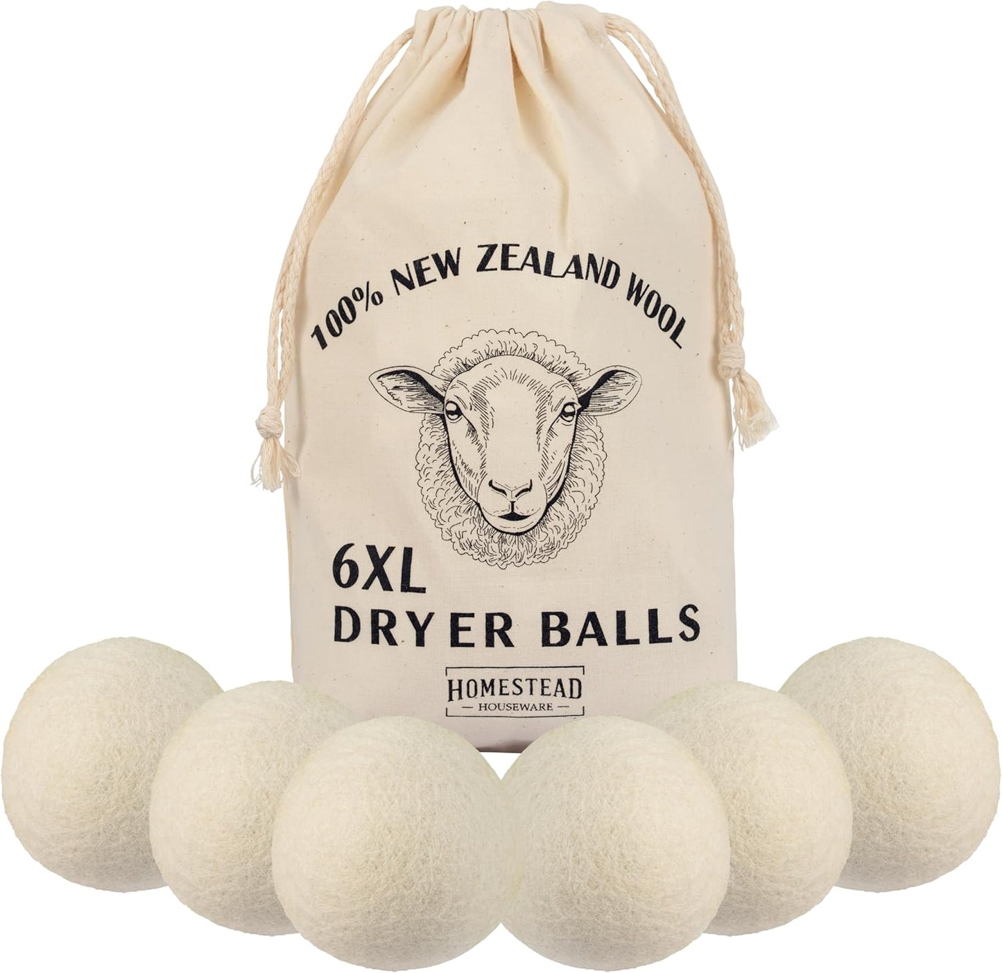 XL Wool Dryer Balls 6-Pack – 100% New Zealand Wool, Natural Fabric Softener & Static Reducer, Reusable Laundry Balls for Pet Hair, Eco-Friendly Dryer Sheets Alternative