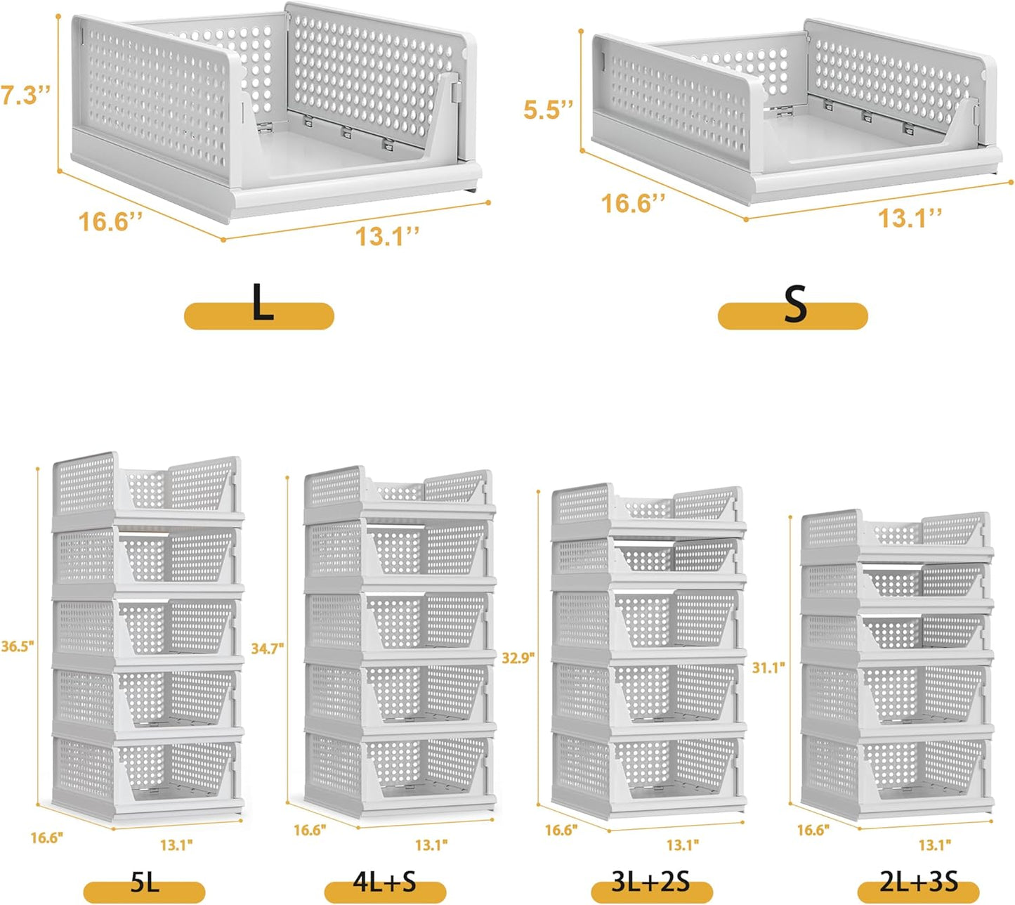 Proarea 5 Pack Stackable Plastic Storage Basket Closet Organizer Bin Foldable Clothes Organizer Storage Drawer Shelf Container for Living room Bathroom Kitchen Office (2L+3S)