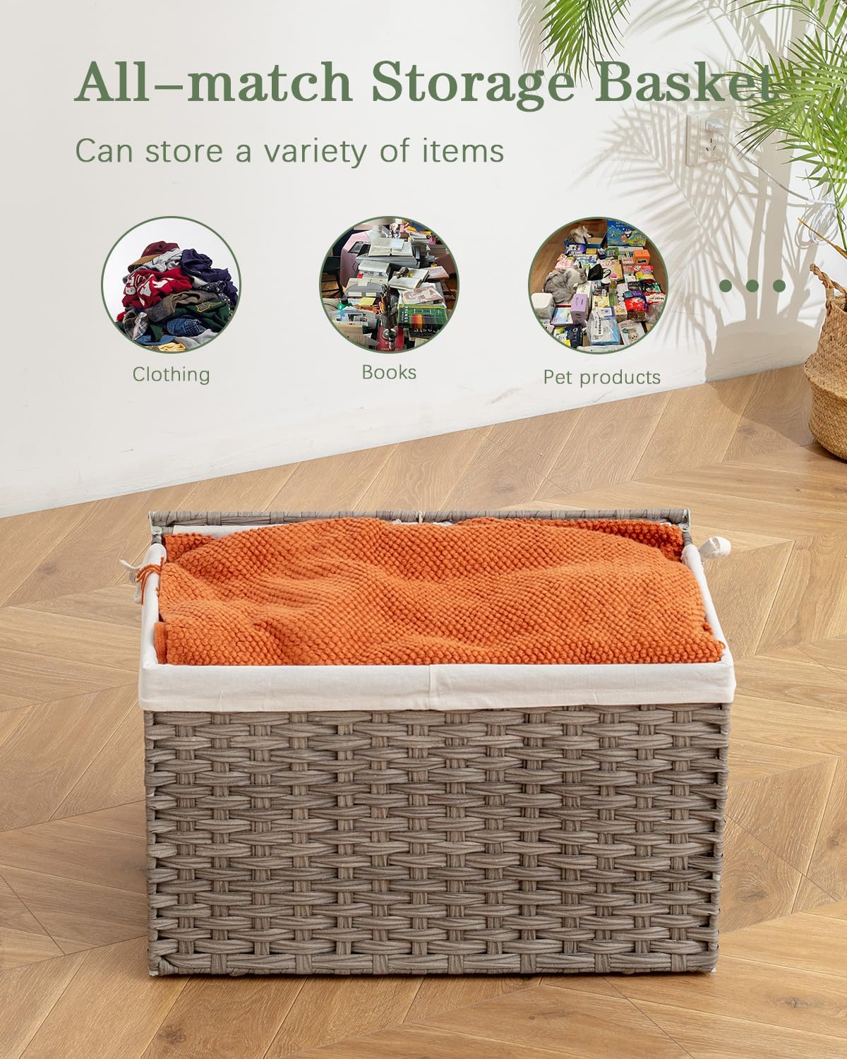 Storage Basket with Lid Rattan, Woven Storage Baskets with 2 Separate Lids, 17.2 Gallon (65 L), 22.2 x 13 x 13.8 Inches, Foldable, 2 Removable Liner Bags Handles for Bedroom, Laundry Room Gray