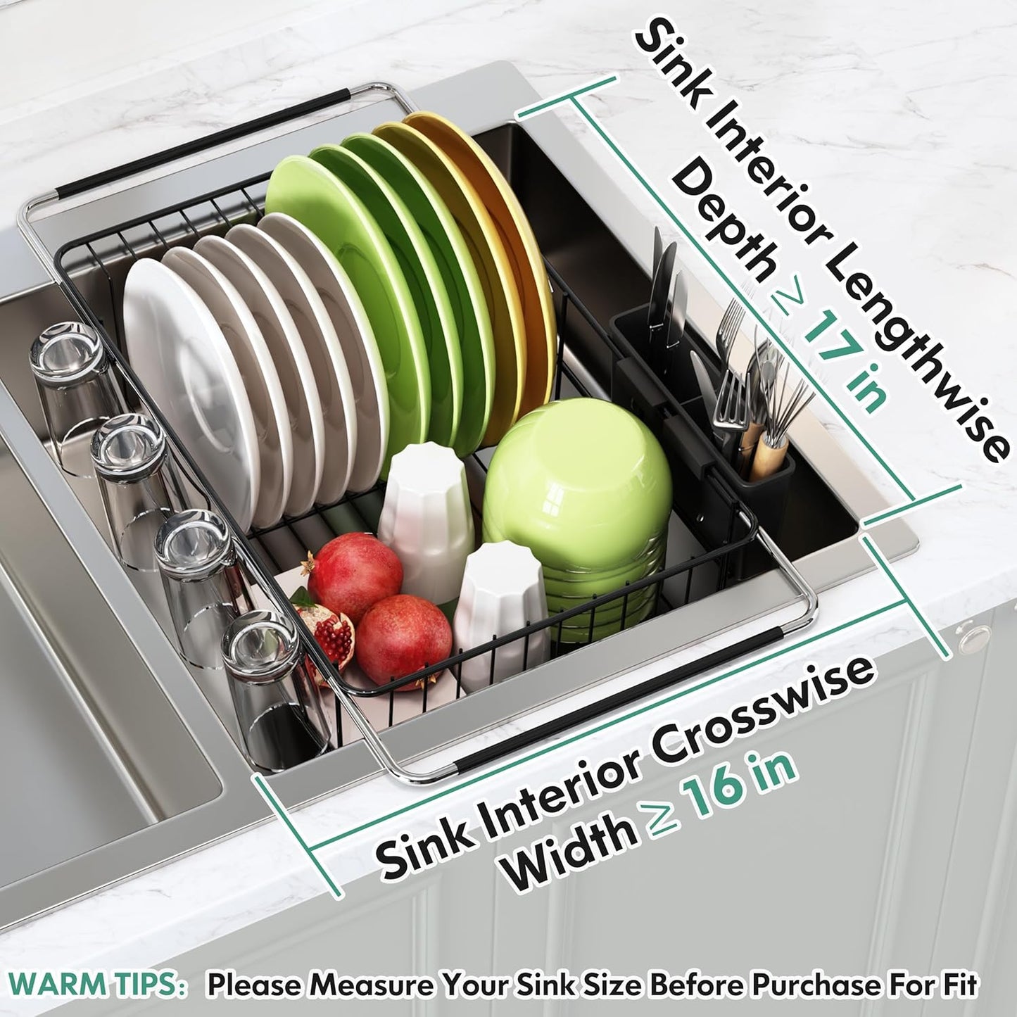 Over the Sink Expandable Dish Drainer Drying Rack In Stainless Steel for Small Kitchen, Counter Space Saving Modern Compact Metal Above Plate Dryer Strainer, Adjustable Hanging Inside Drain Holder