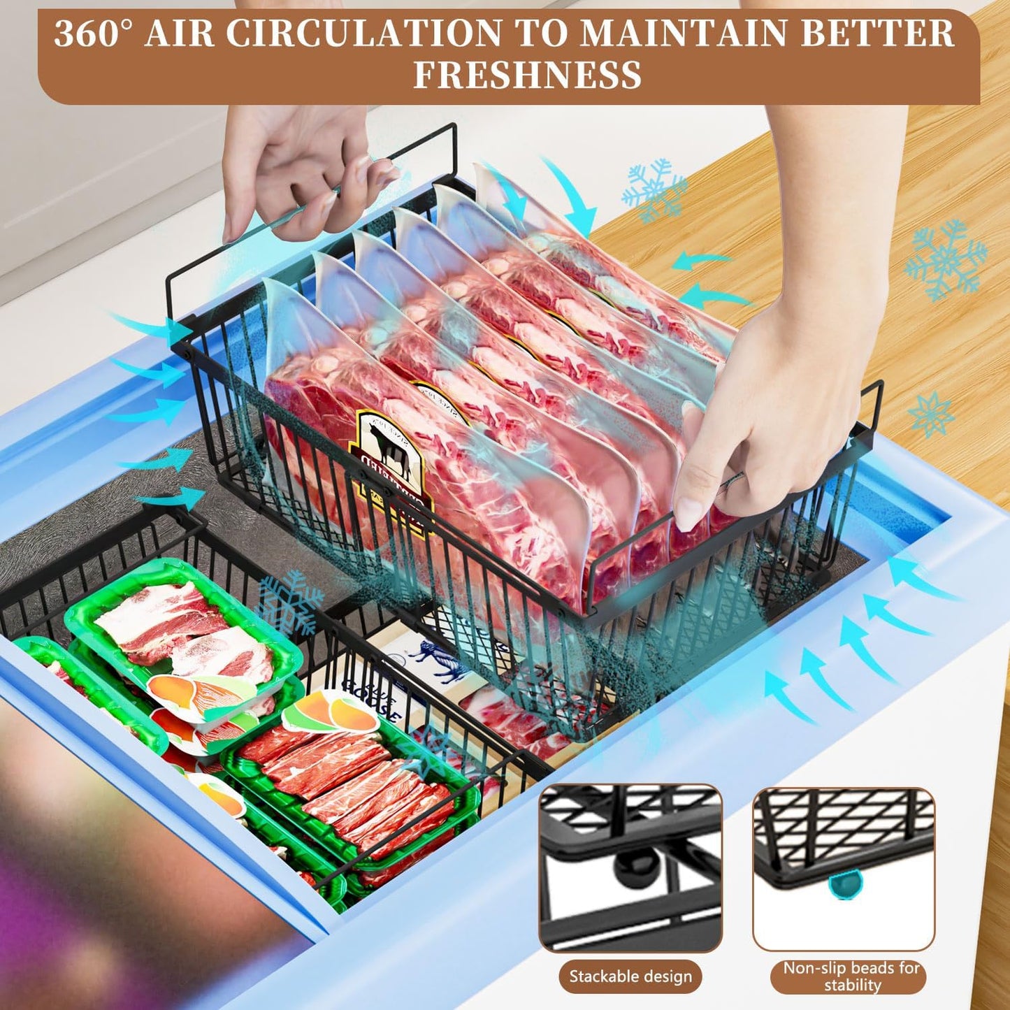 Large Freezer Organizer Bins，Upgraded Bottom Leak-Proof net，Fit 10 to 20 Cu Ft Chest Freezer，2 Pack， Expandable Stackable Chest Freezer Containers with Handle(Black-2Pack)