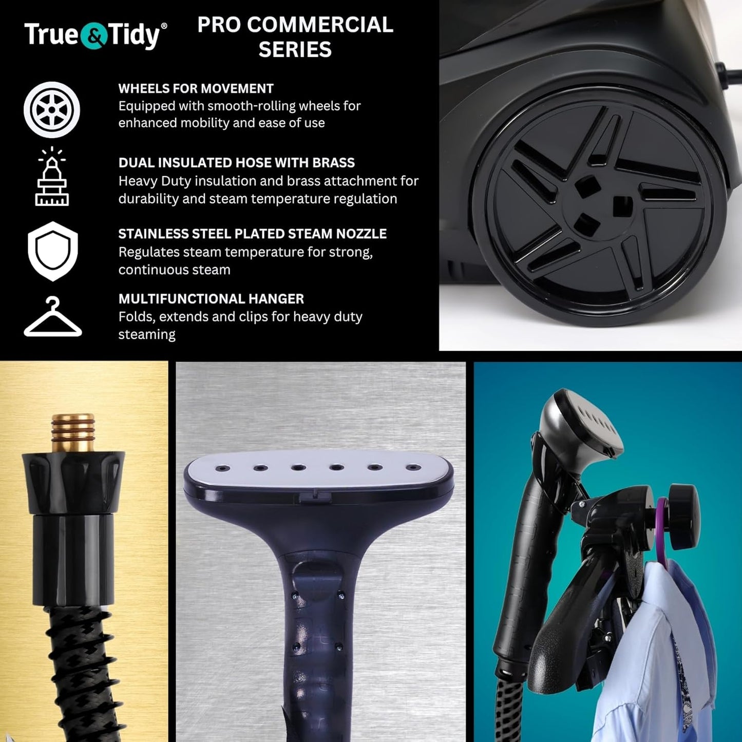 True & Tidy® Heavy-Duty Commercial Industrial Standing Garment Steamer for Clothes, 1800 watts, XL 3L water tank 90+ mins of Steam 3 Steam Settings, Step On/Off Control, Wheels for Easy Movement