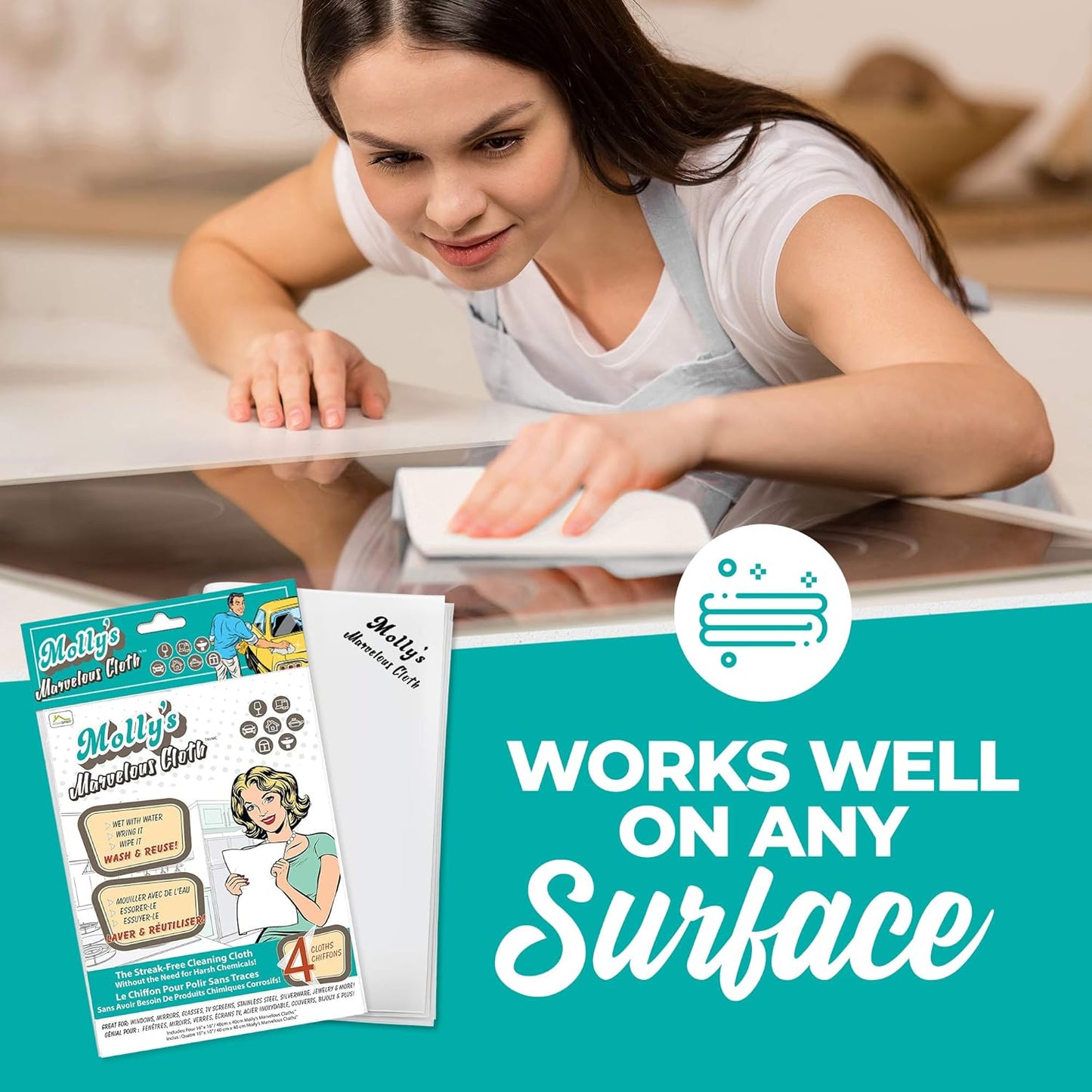 Molly's Marvelous Cloth, Streak-Free, Lint-Free Microfiber Cleaning Cloth, Polishing Cloth for Glass, Stainless Steel, Use for Kitchen, Bath, Cars, Detailing, Reusable (17" by 16") (4pk, White)