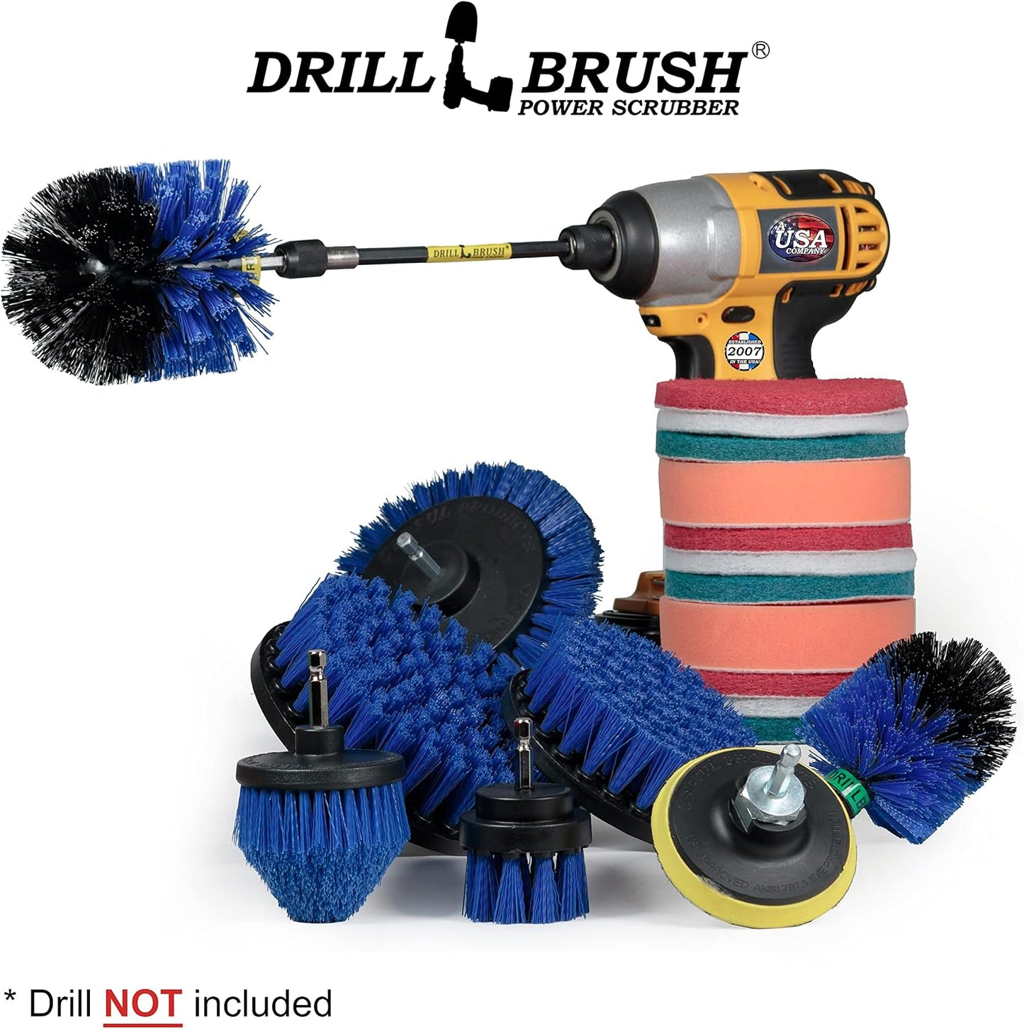 Drillbrush Stainless Steel Cleaning Brush Set, 21-Piece with Blue Medium Bristles, Edge & Cone Brush, Extension, Pads for Pool, Boat, Fish Tank, Aquarium