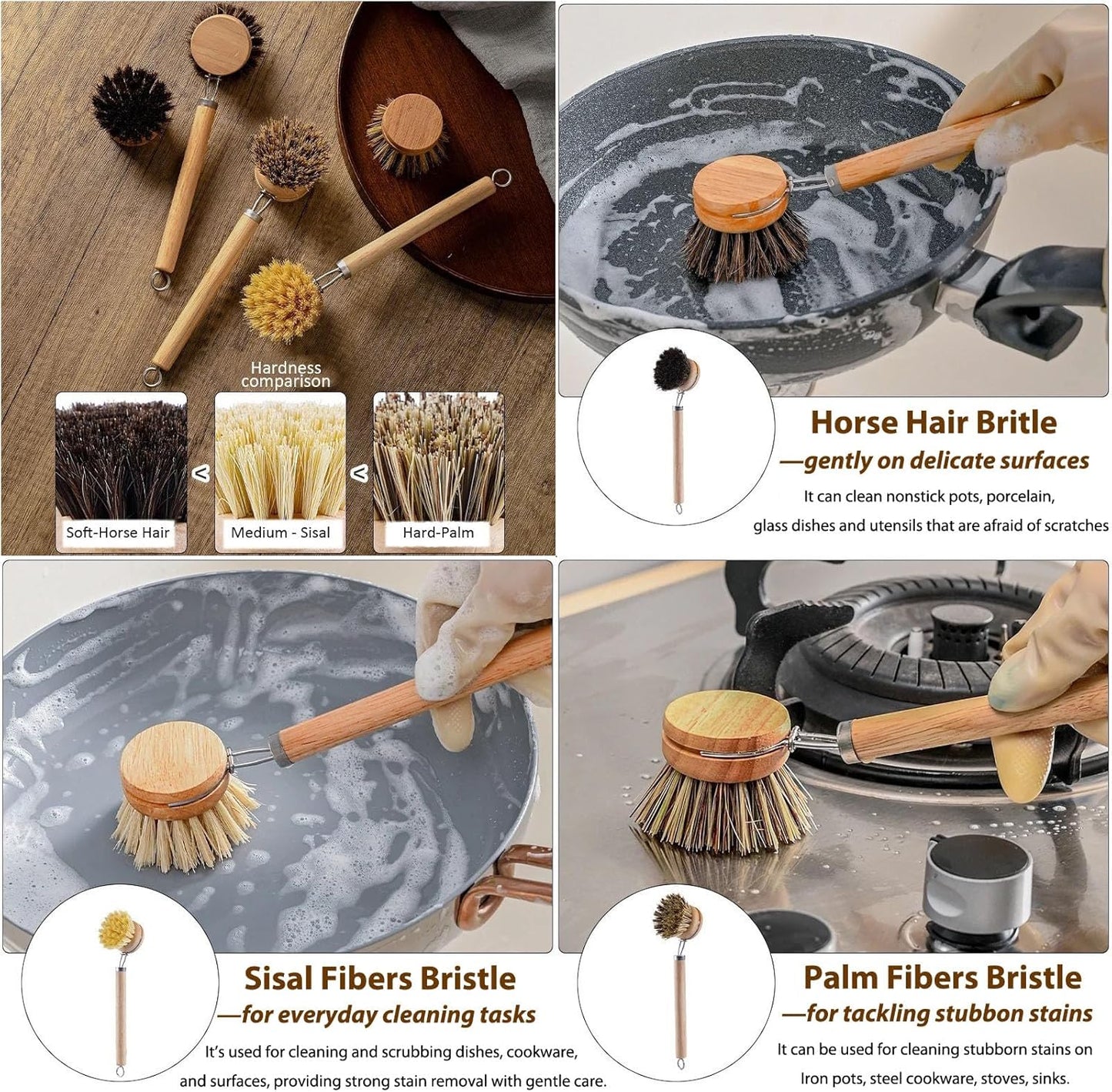 Bamboo Dish Brush with Handle, 1 Sturdy Wooden Handle with 3 Natural Bristle Heads, Horsehair, Sisal, Palm - All Purpose Kitchen Scrubber, Bamboo Wok Brush, Fruit and Veggie Scrubber