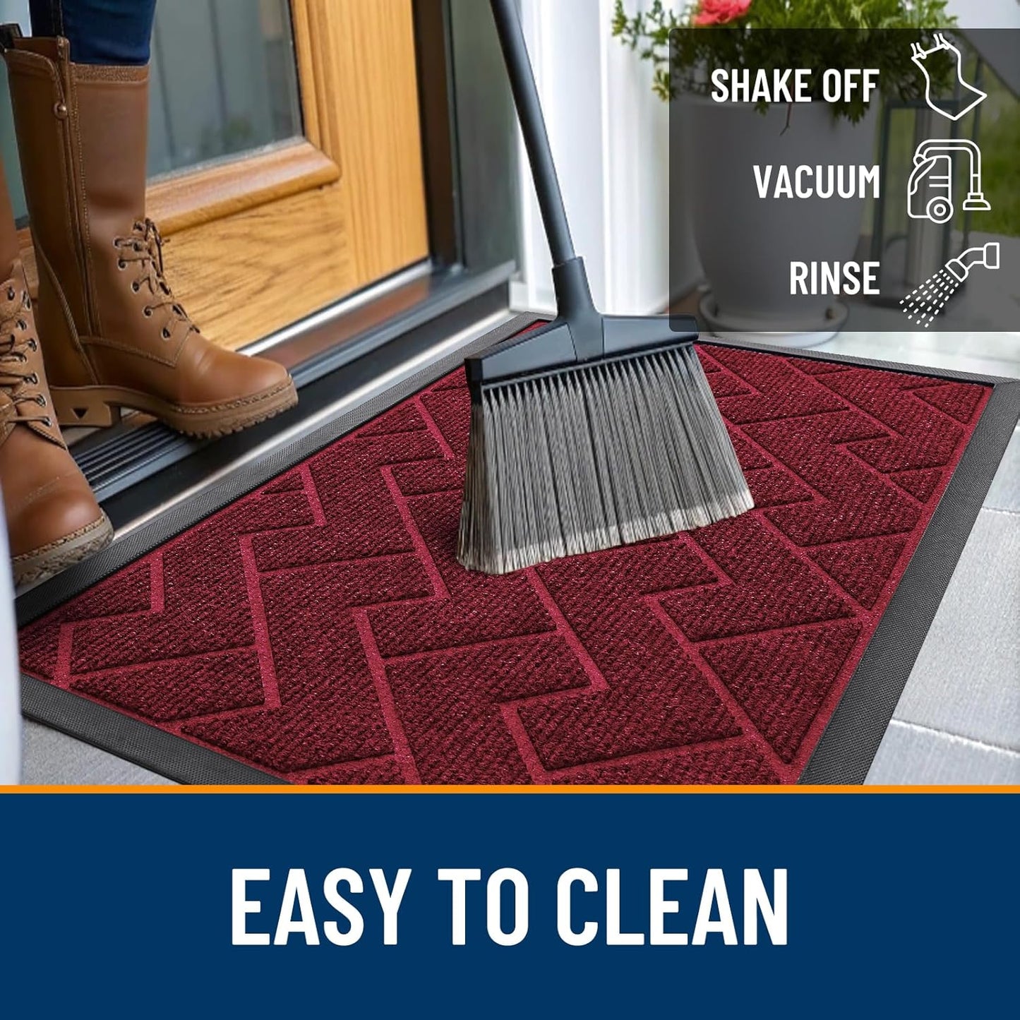 OLANLY Front Door Mat Indoor Outdoor Entrance, Waterproof All-Season, All-Weather Doormat, Sturdy Natural Rubber, Easy Clean Patio Porch Entryway Mat, Herringbone Brick (Wine Red, 29.5x17)