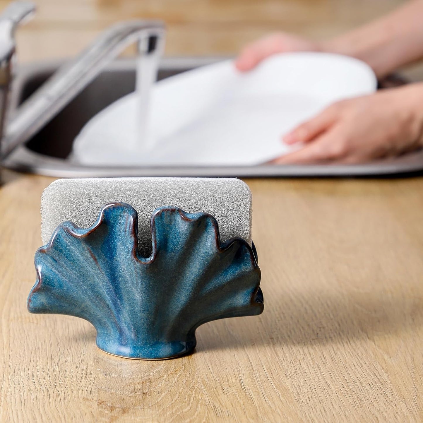 Ceramic Sponge Holder,Sponge Holder for Kitchen Sink,Compact Sink Caddy Organizer-Scouring Pad and Dish Sponge Holders,Farmhouse Kitchens Decor Cute Kitchen Gadgets Accessories(Blue)