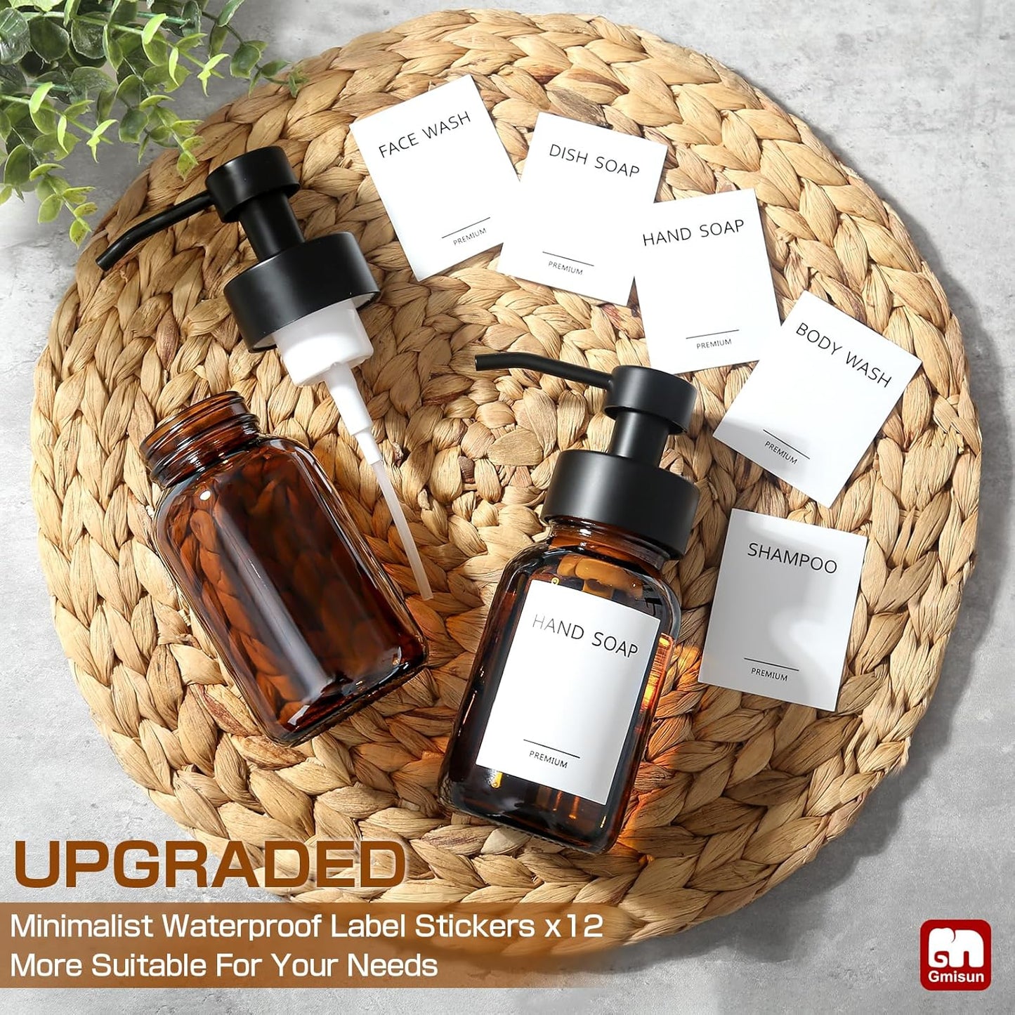 GMISUN Foaming Soap Dispenser, 4 Pcs 8.5 Fl oz Amber Glass Foam Hand Soap Dispenser for Bathroom & Kitchen, Refillable Hand Soap Foam Dispensers, Modern Amber Glass Pump Bottle with Waterproof Labels