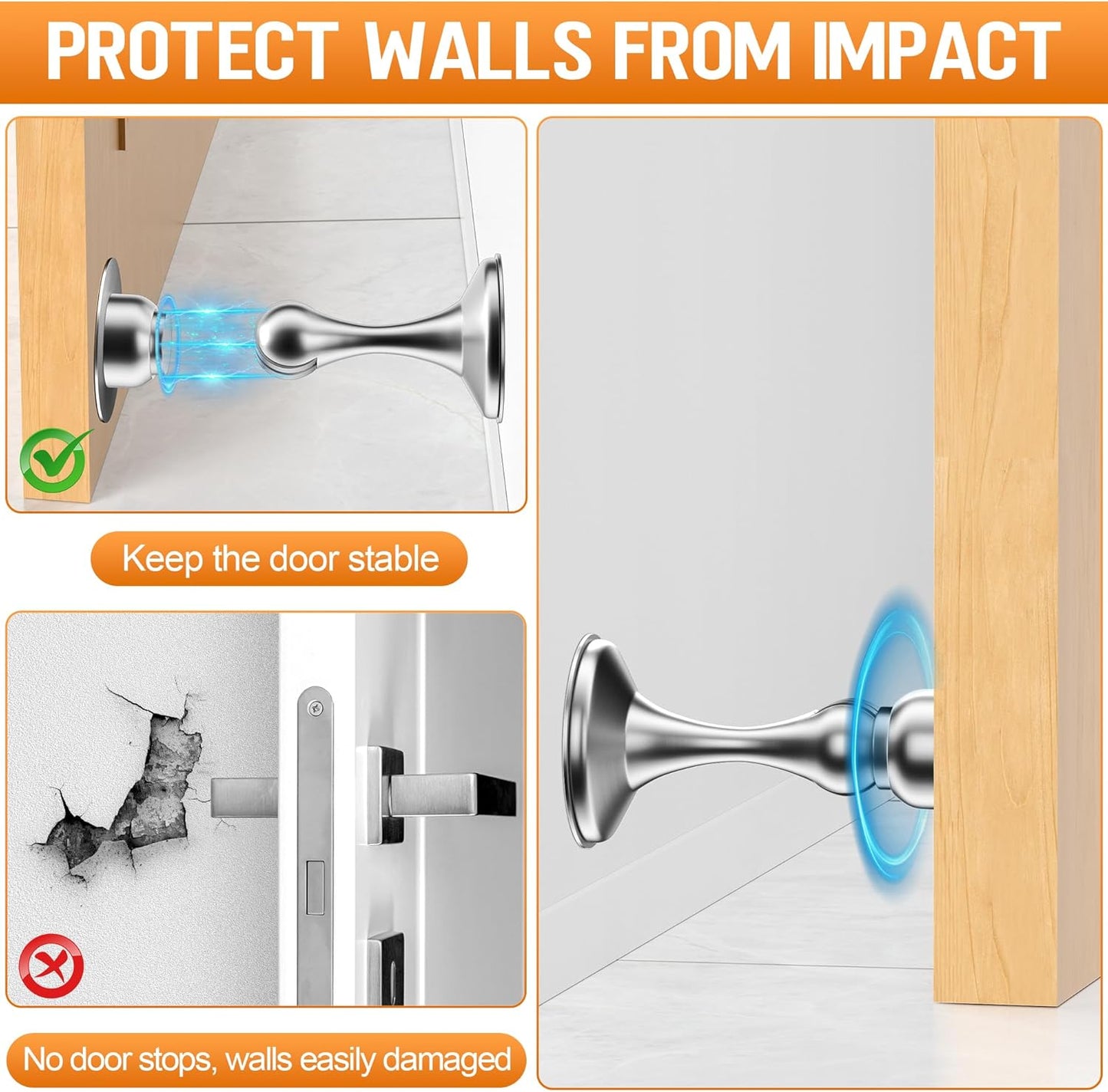 Crosize Magnetic Door Stoppers 4 Pack, Stainless Steel Door Catch for Wall and Floor Mounting, Door Holder Keep Door Open, No Drilling Door Stop with Adhesive Tapes, Silver