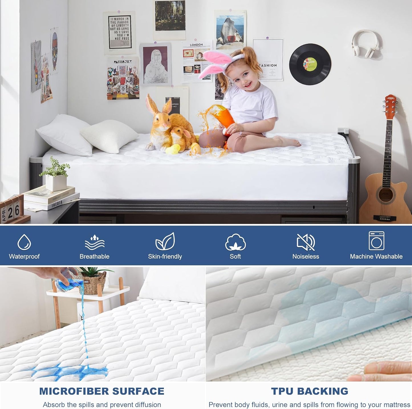 GRT Twin XL Mattress Protector Waterproof, 100% Waterproof Quilted Fitted Mattress Pad, Noiseless Hollow Cotton Mattress Cover, fits up to 18" Deep, Dust Proof White