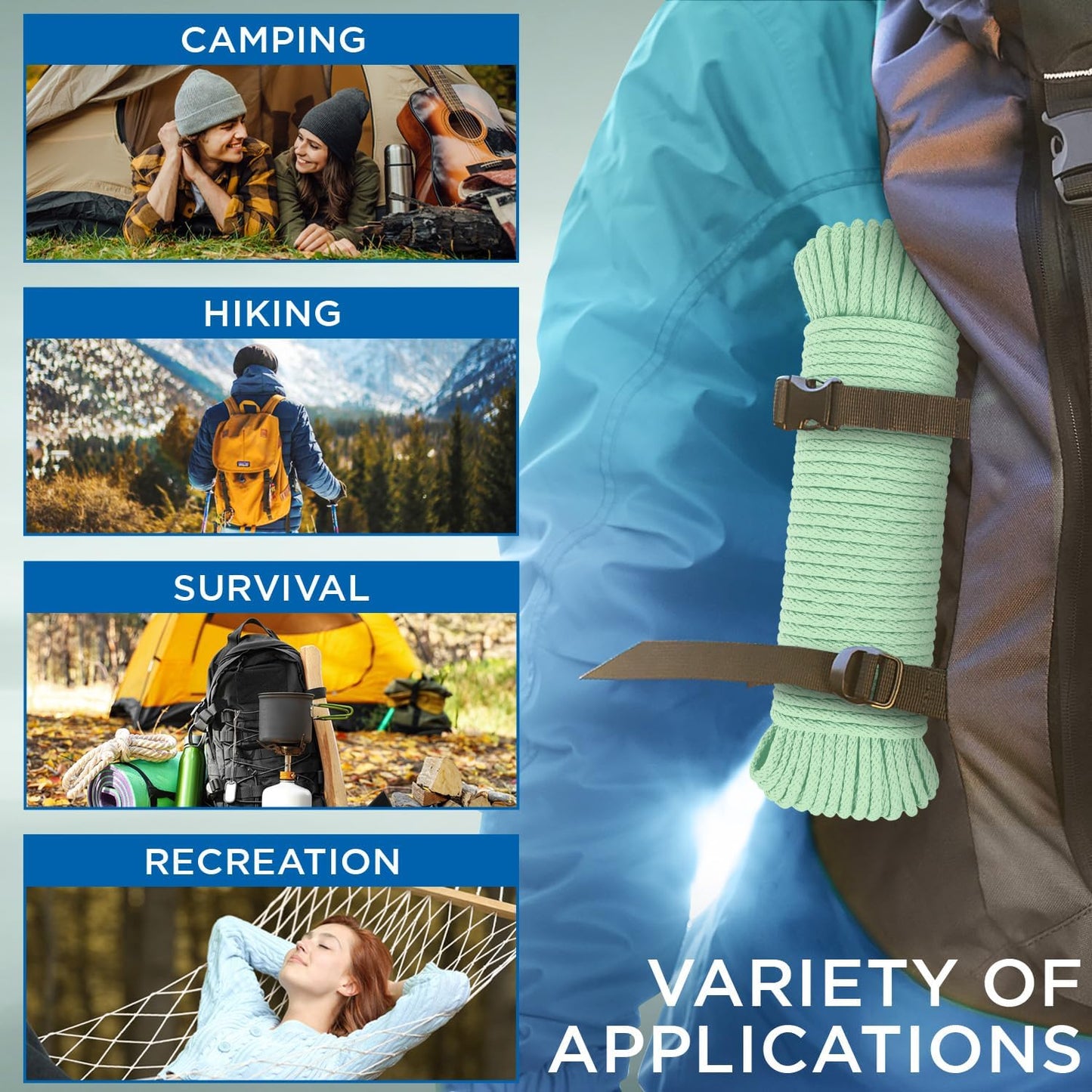 TECEUM Cotton Rope 3/16” (5 mm) – 50 FT – Strong All-Purpose Braided Rope – Natural Cotton – for Crafting, Сamping, Clothes Line, DIY, Indoor & Outdoor Use – Mint